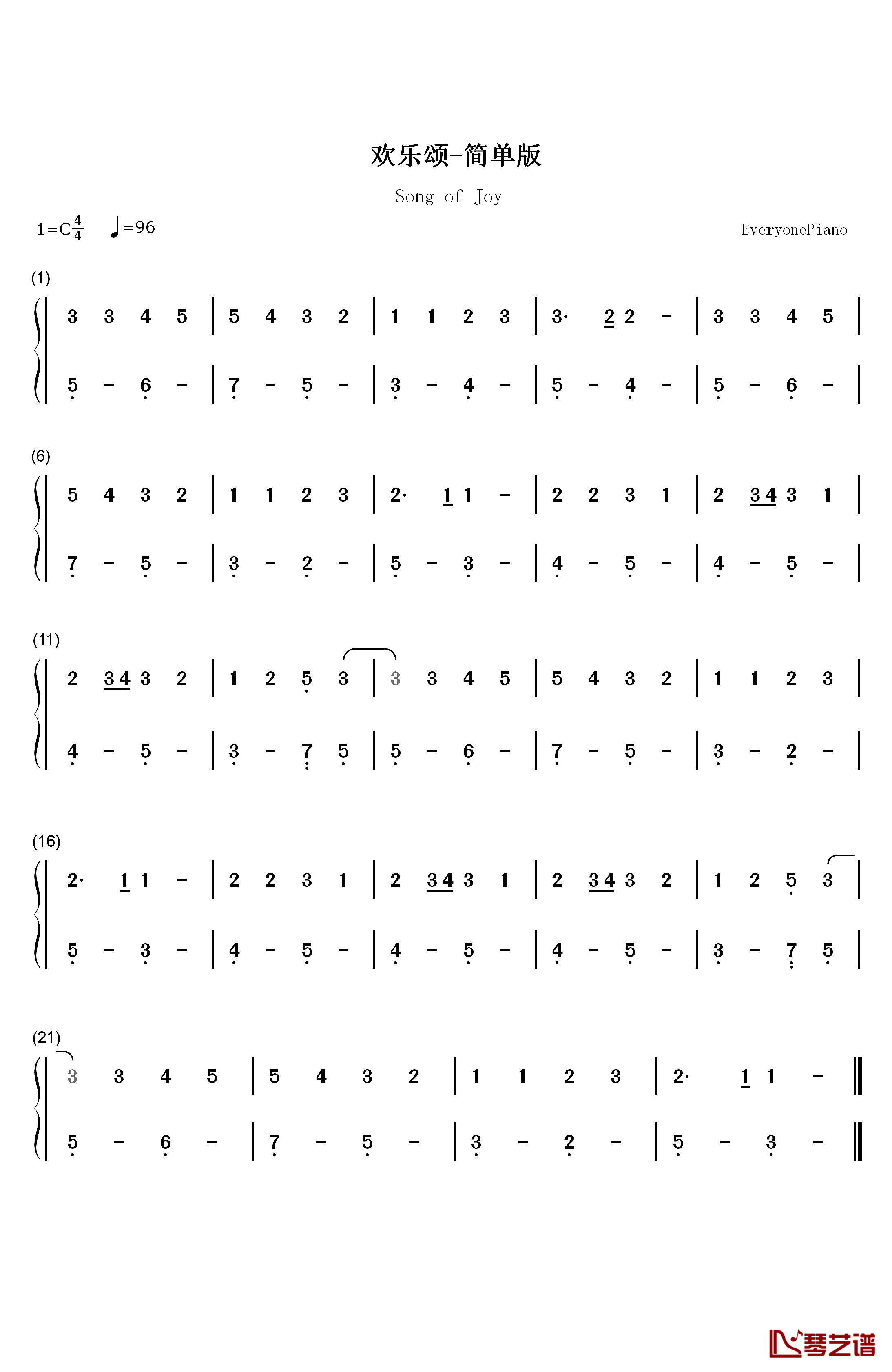 欢乐颂最简单版钢琴简谱-数字双手-贝多芬  Beethoven1