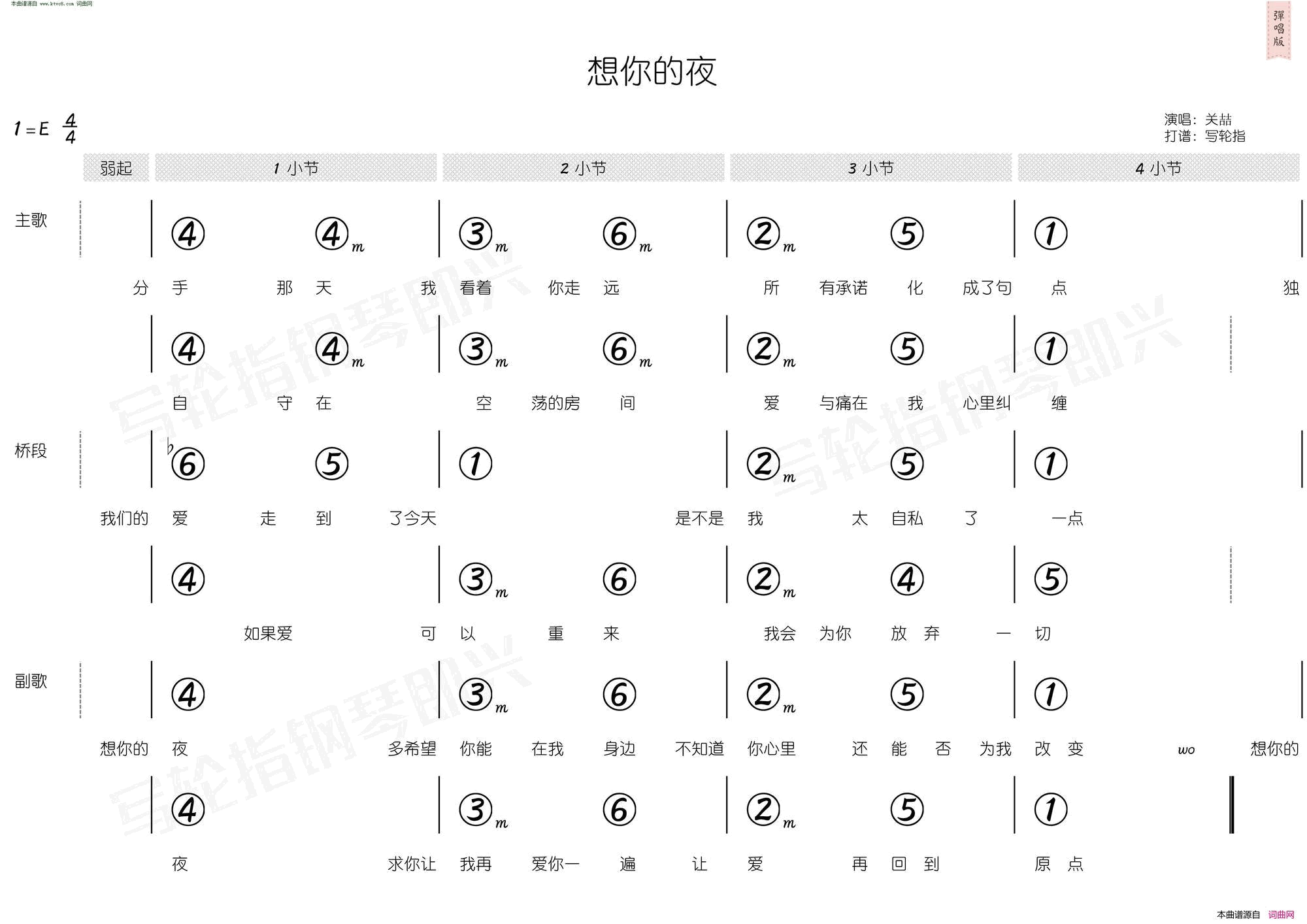 想你的夜简和谱简谱-关喆演唱-关喆/关喆词曲1