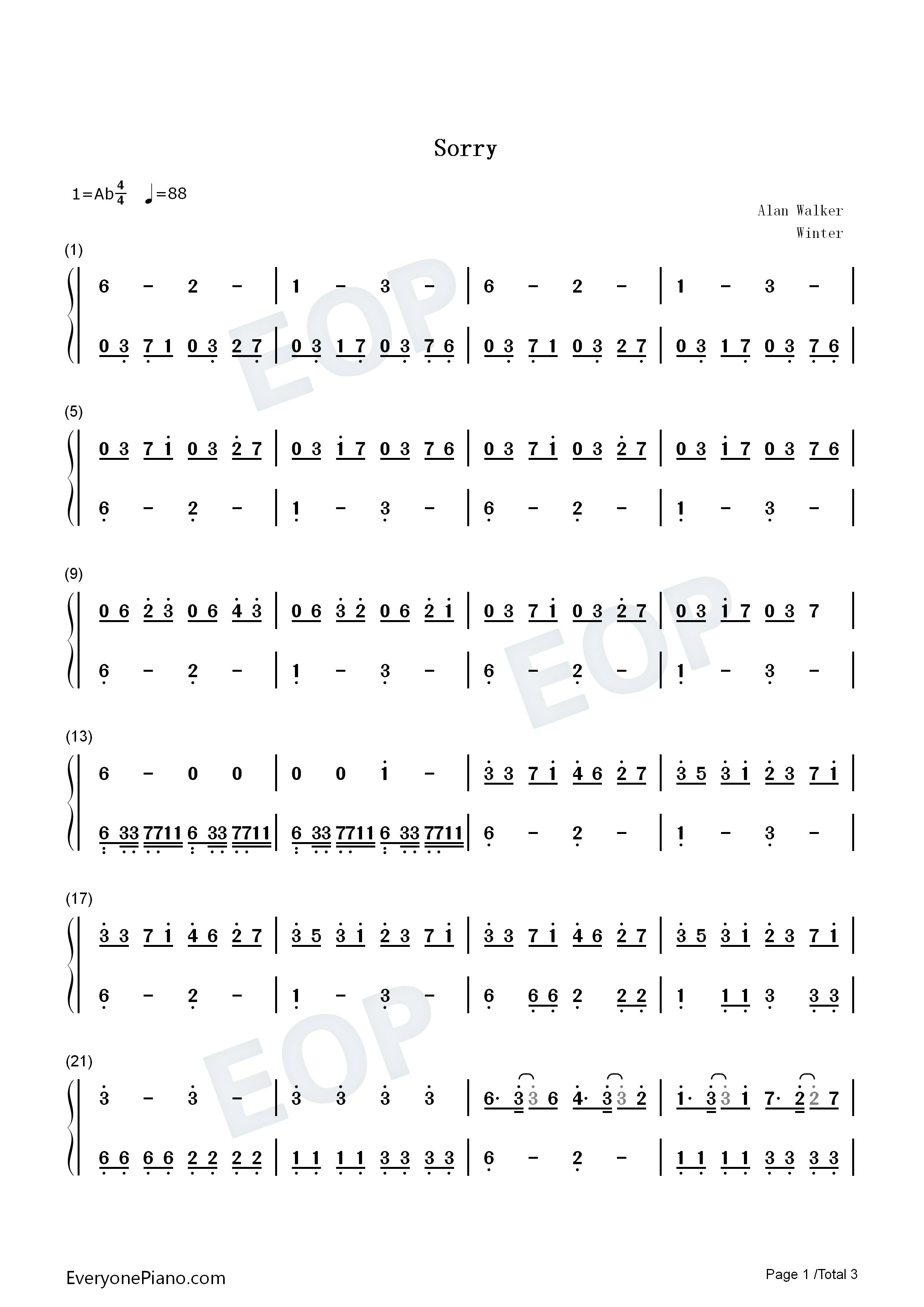 Sorry钢琴简谱-Alan Walker ISAK演唱1