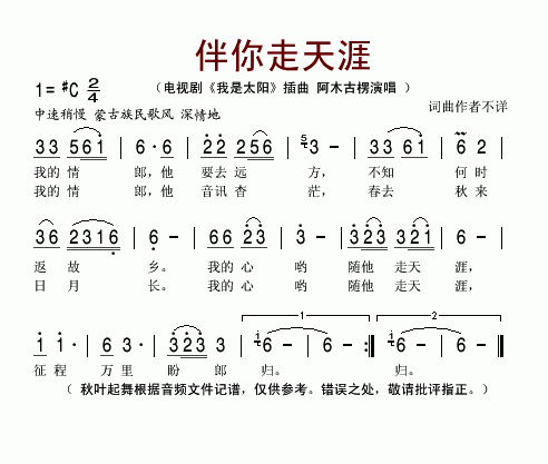 伴你走天涯电视剧《我是太阳》插曲简谱-阿木古愣演唱1