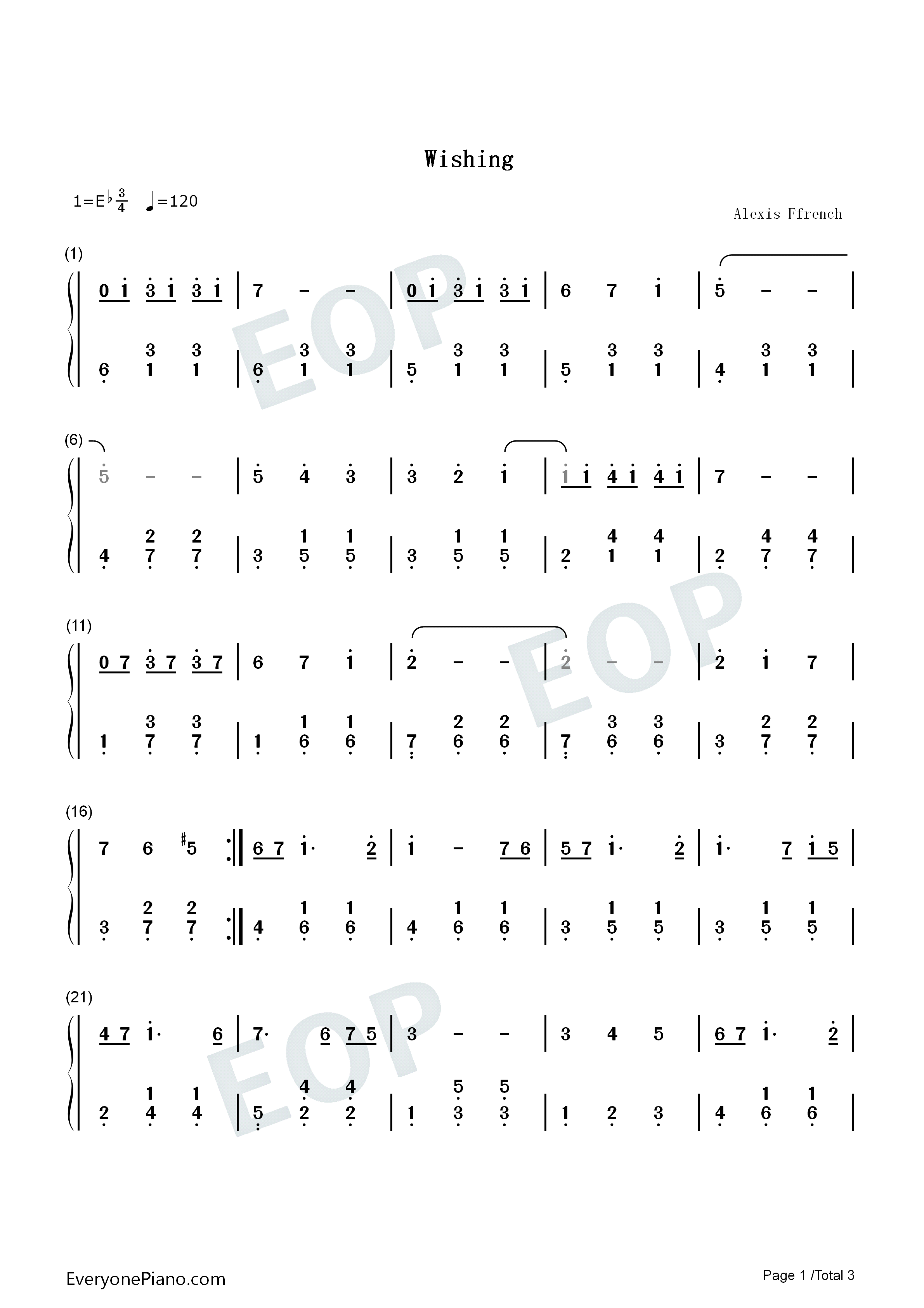 Wishing钢琴简谱-Alexis Ffrench演唱1