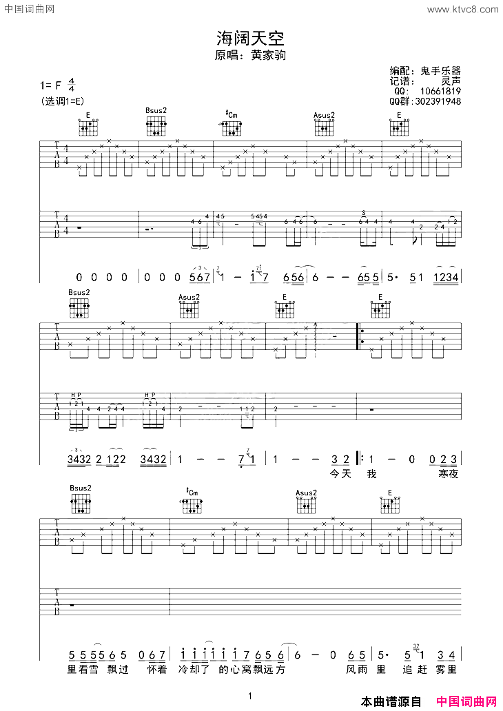 海阔天空鬼手乐器双吉他版海阔天空 鬼手乐器双吉他版简谱1