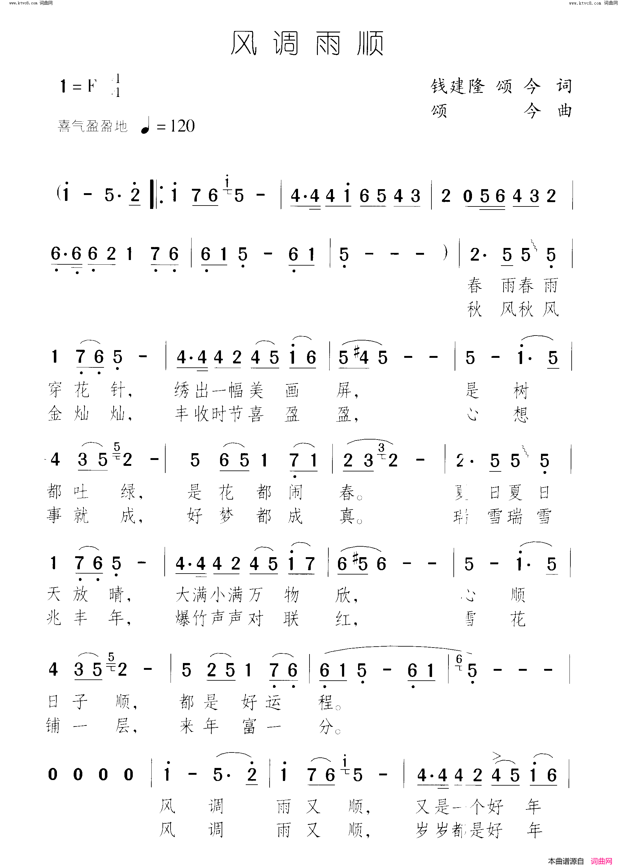 风调雨顺简谱-陈思思演唱-钱建隆、颂今/颂今词曲1