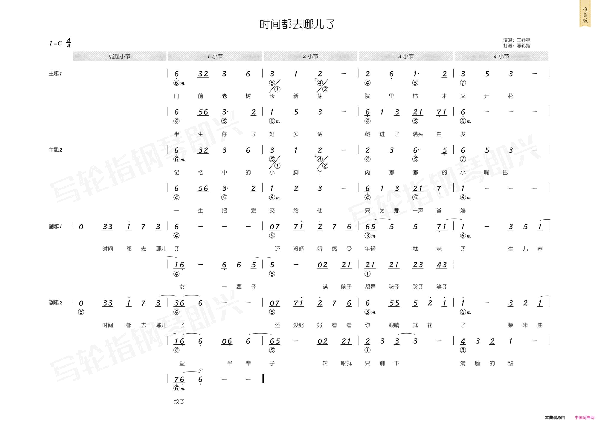 时间都去哪了简谱+和弦简谱-王铮亮演唱-陈曦/董冬冬词曲1