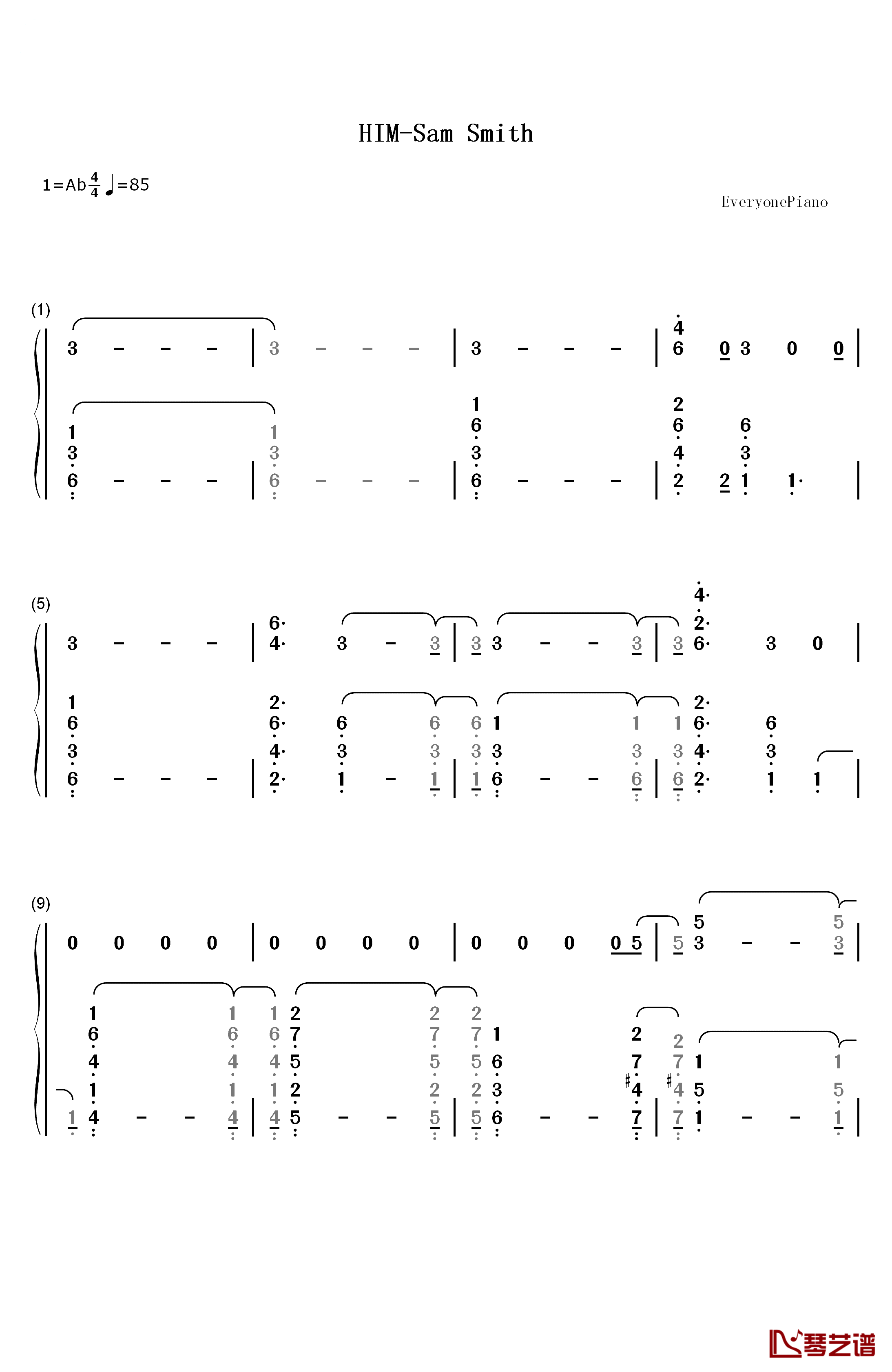 HIM钢琴简谱-数字双手-Sam Smith1