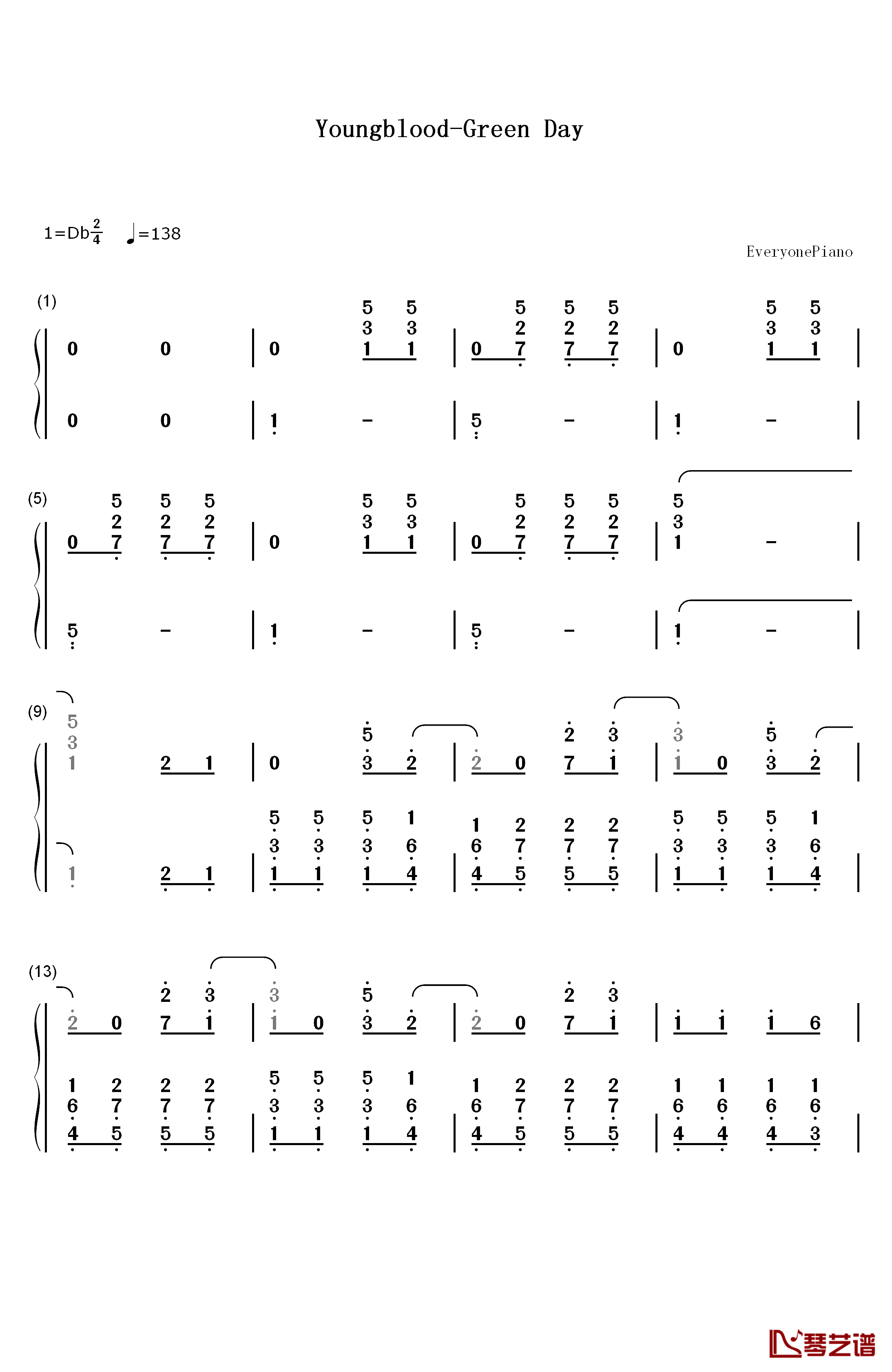 Youngblood钢琴简谱-数字双手-Green Day1