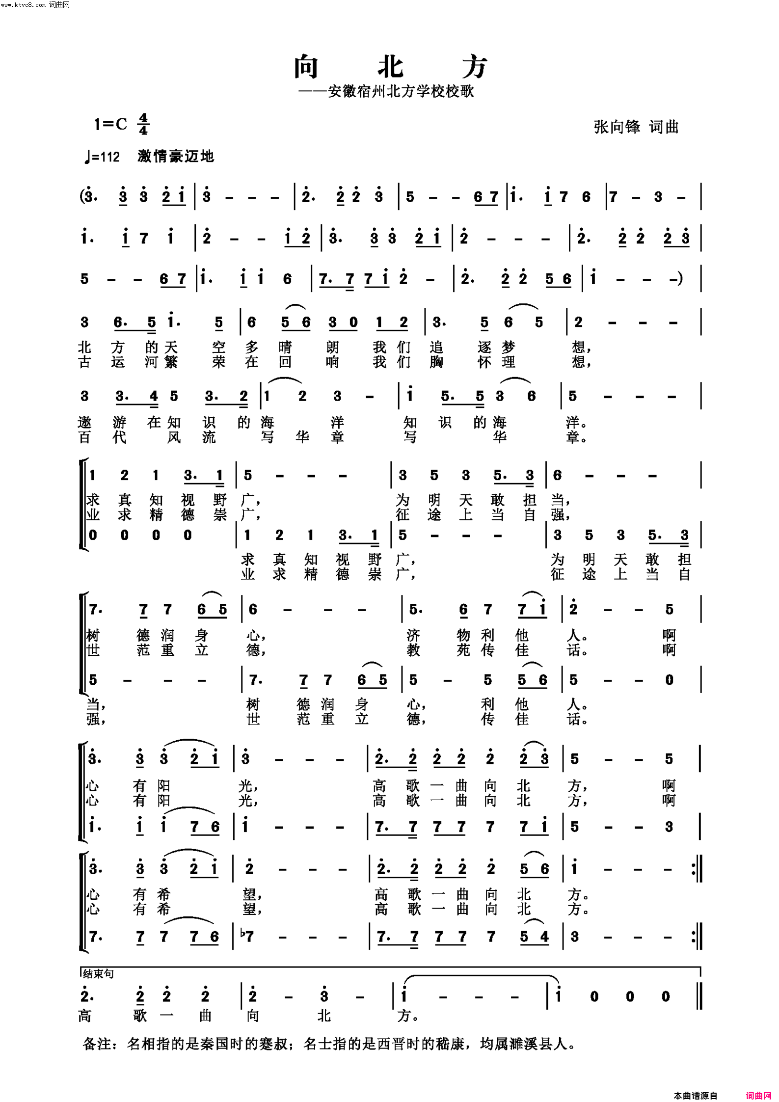 向北方安徽北方中学校歌简谱-北方合唱团演唱-张向锋/张向锋词曲1