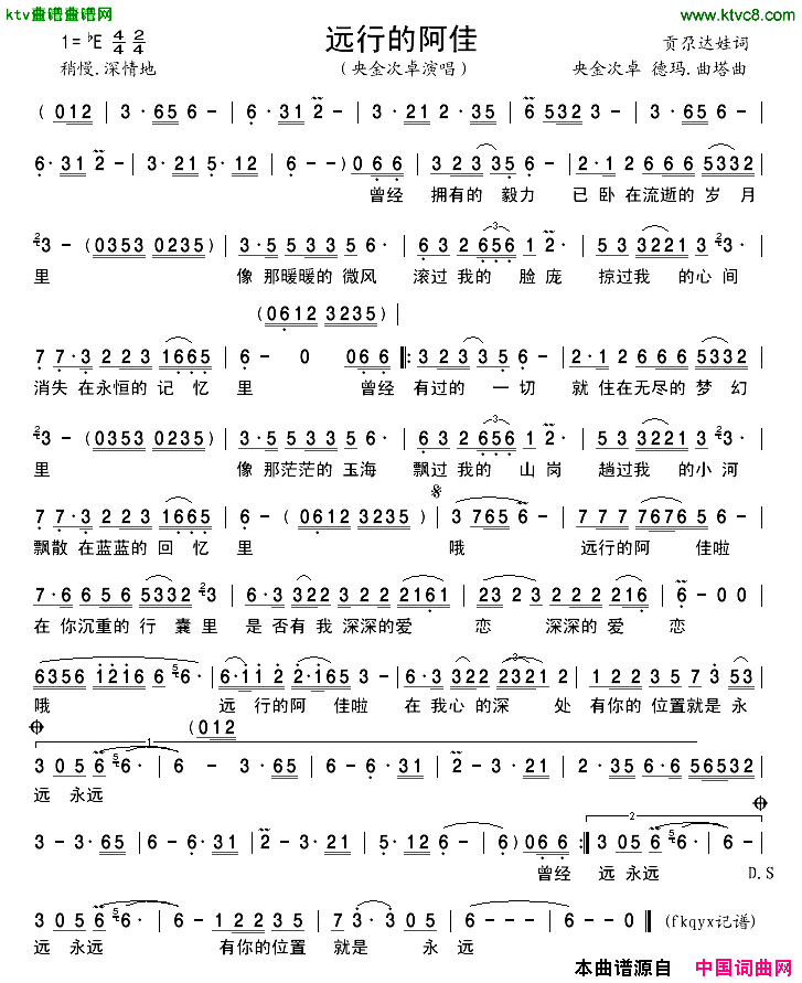 远行的阿佳简谱-央金次卓演唱1