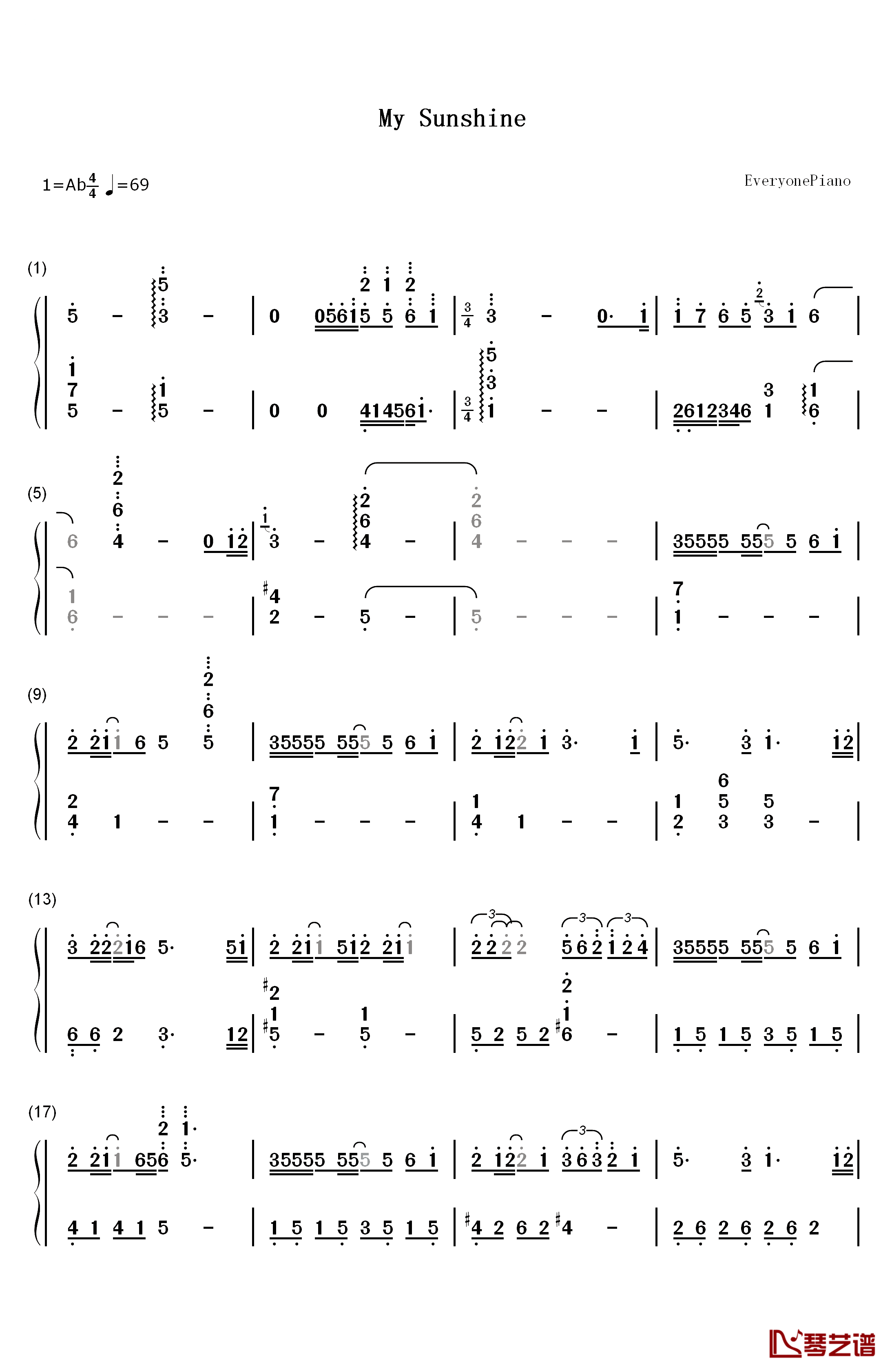 My Sunshine钢琴简谱-数字双手-张杰1