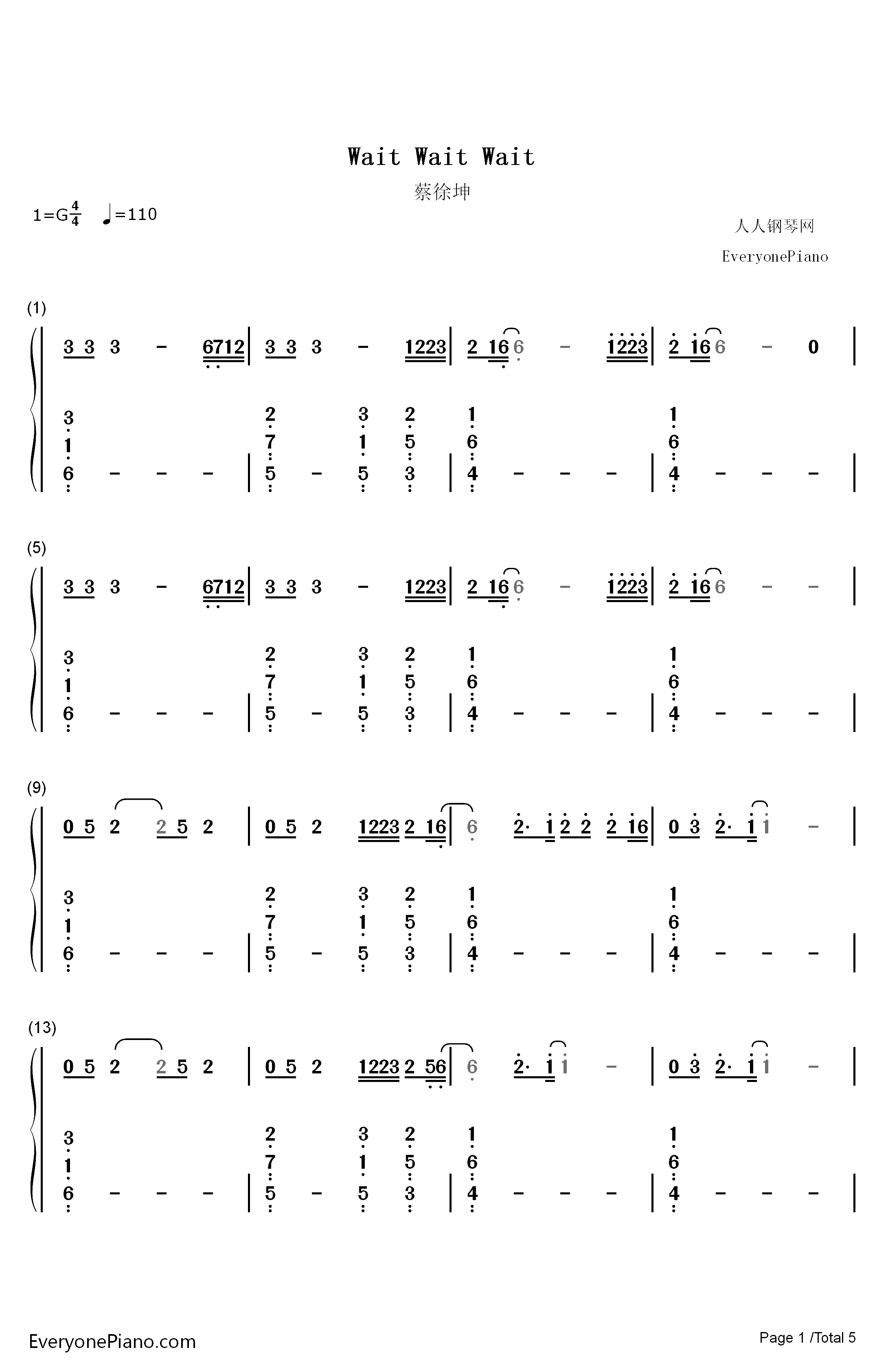 Wait Wait Wait钢琴简谱-数字双手-蔡徐坤1