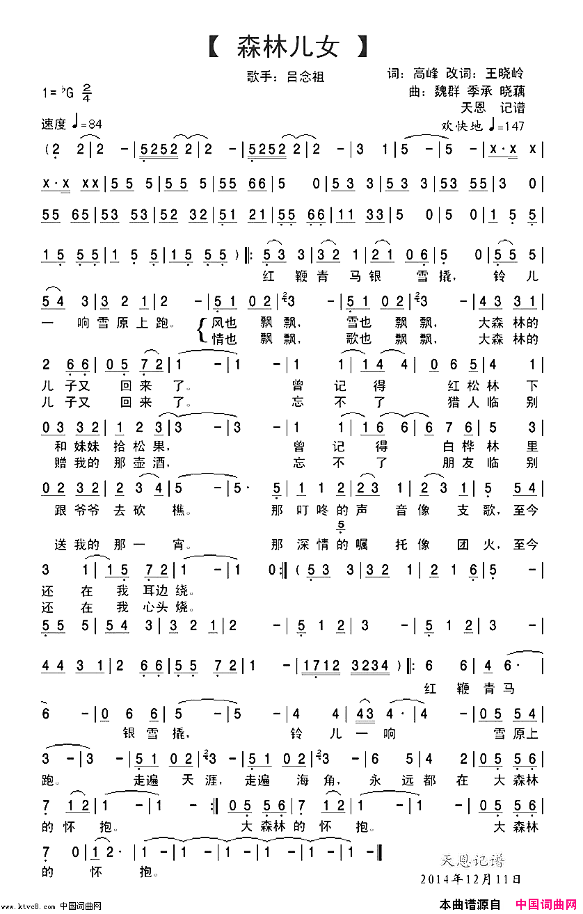 森林儿女简谱-吕念祖演唱-高峰、王晓岭/魏群、季承词曲1