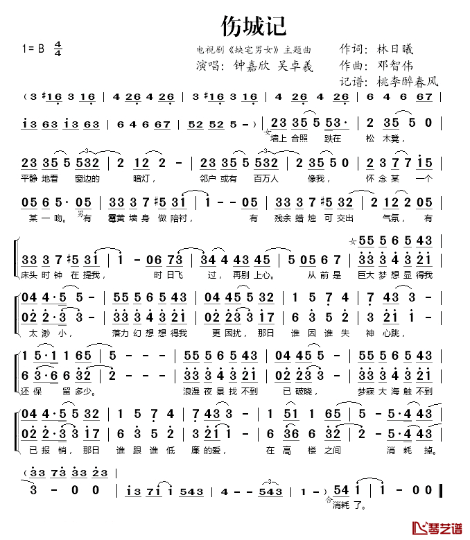 伤城记简谱(歌词)-钟嘉欣/吴卓羲演唱-桃李醉春风记谱1