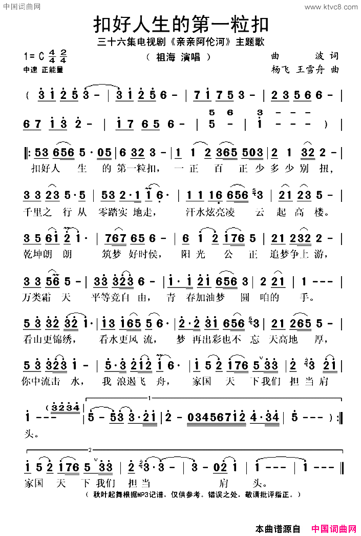 扣好人生的第一粒扣三十六集电视剧《亲亲阿伦河》主题歌简谱-祖海演唱-曲波/杨飞、王雪舟词曲1