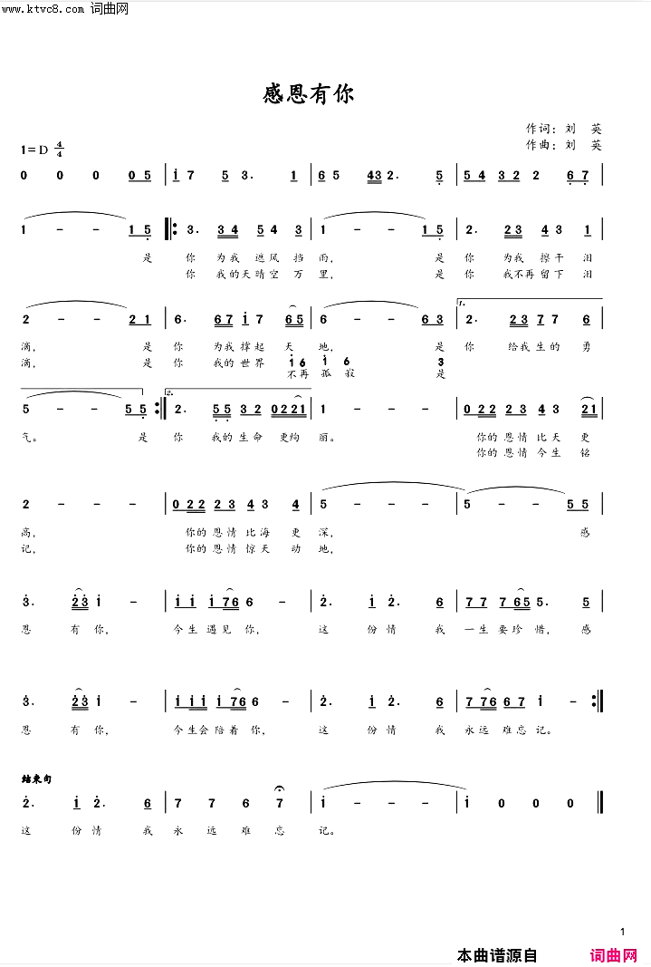 感恩有你简谱-刘英演唱-刘英曲谱1