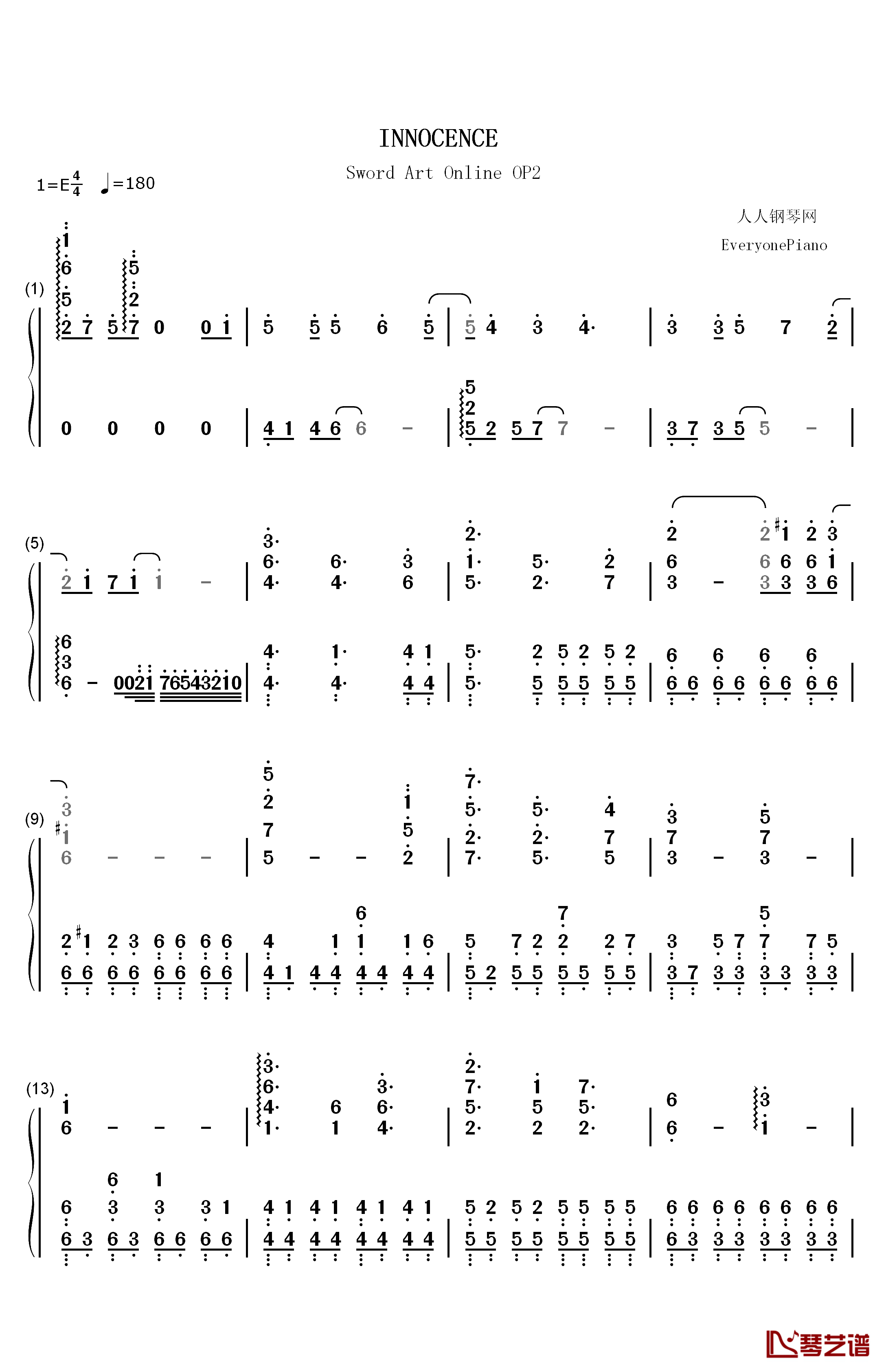 INNOCENCE钢琴简谱-数字双手-蓝井艾露1