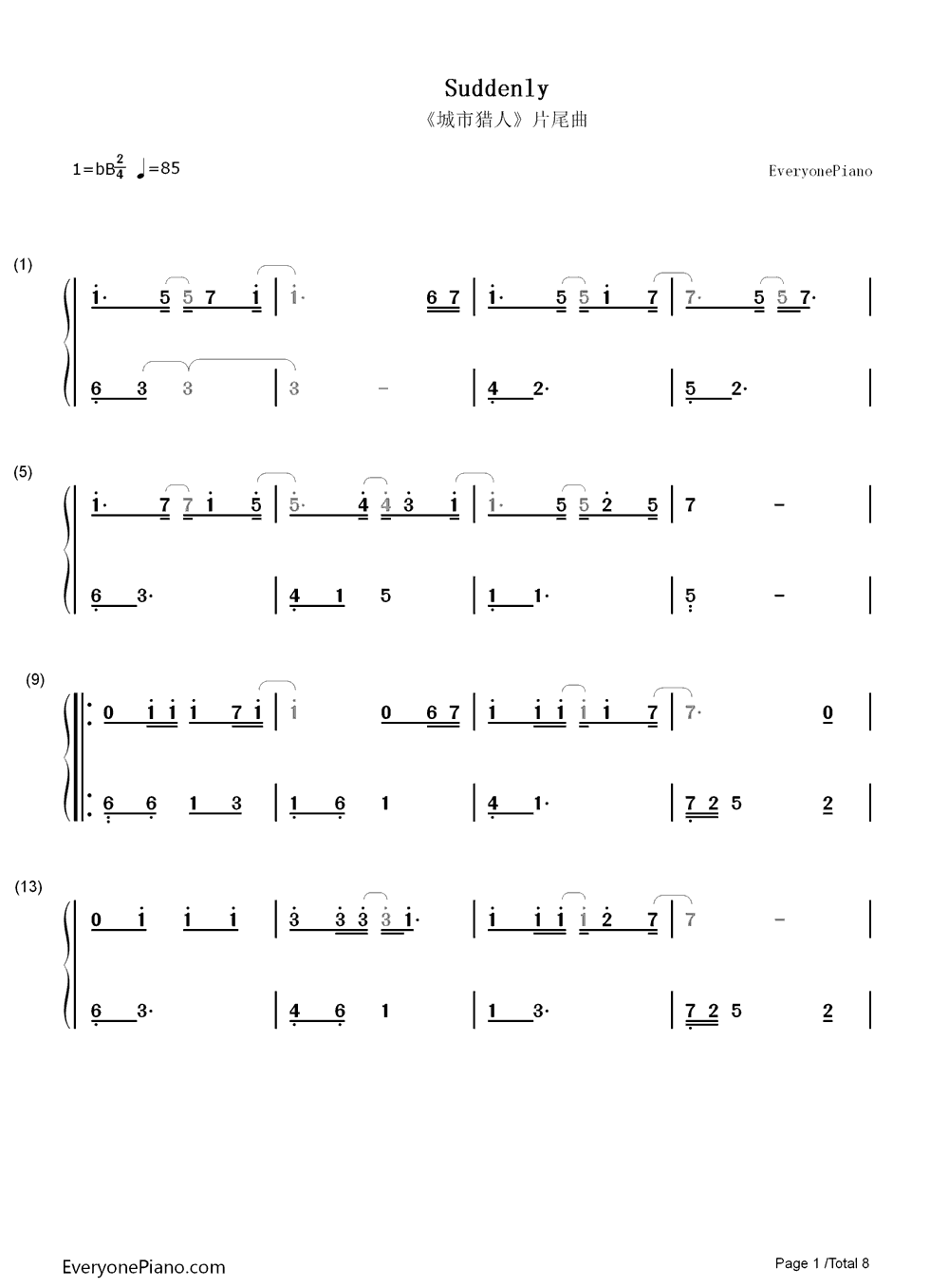 城市猎人片尾曲Suddenly钢琴简谱-金宝京演唱1