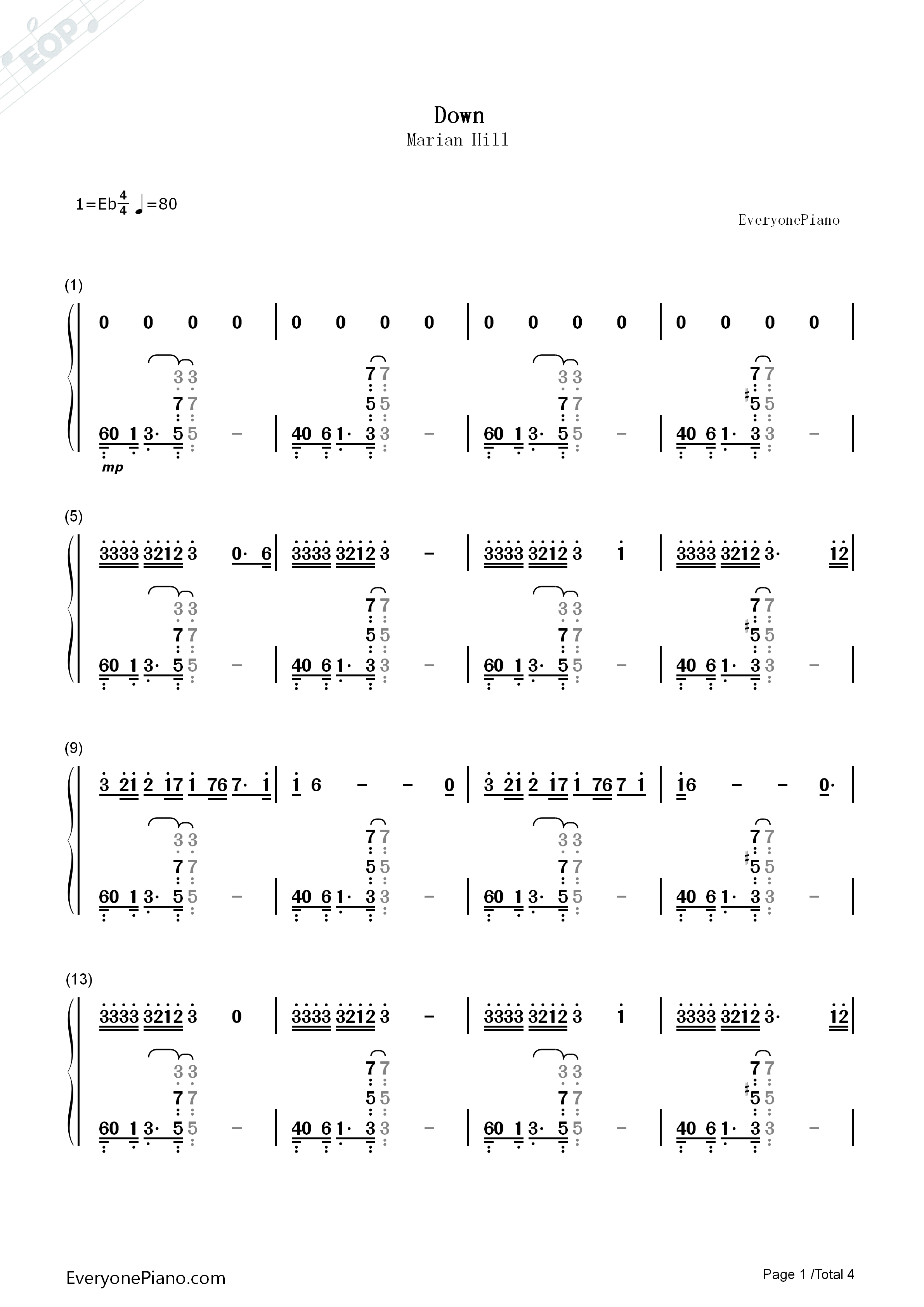 Down钢琴简谱-Marian Hill演唱1