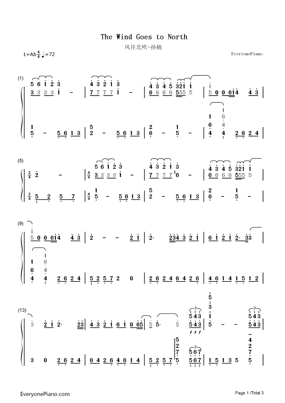 风往北吹钢琴简谱-数字双手-孙楠1