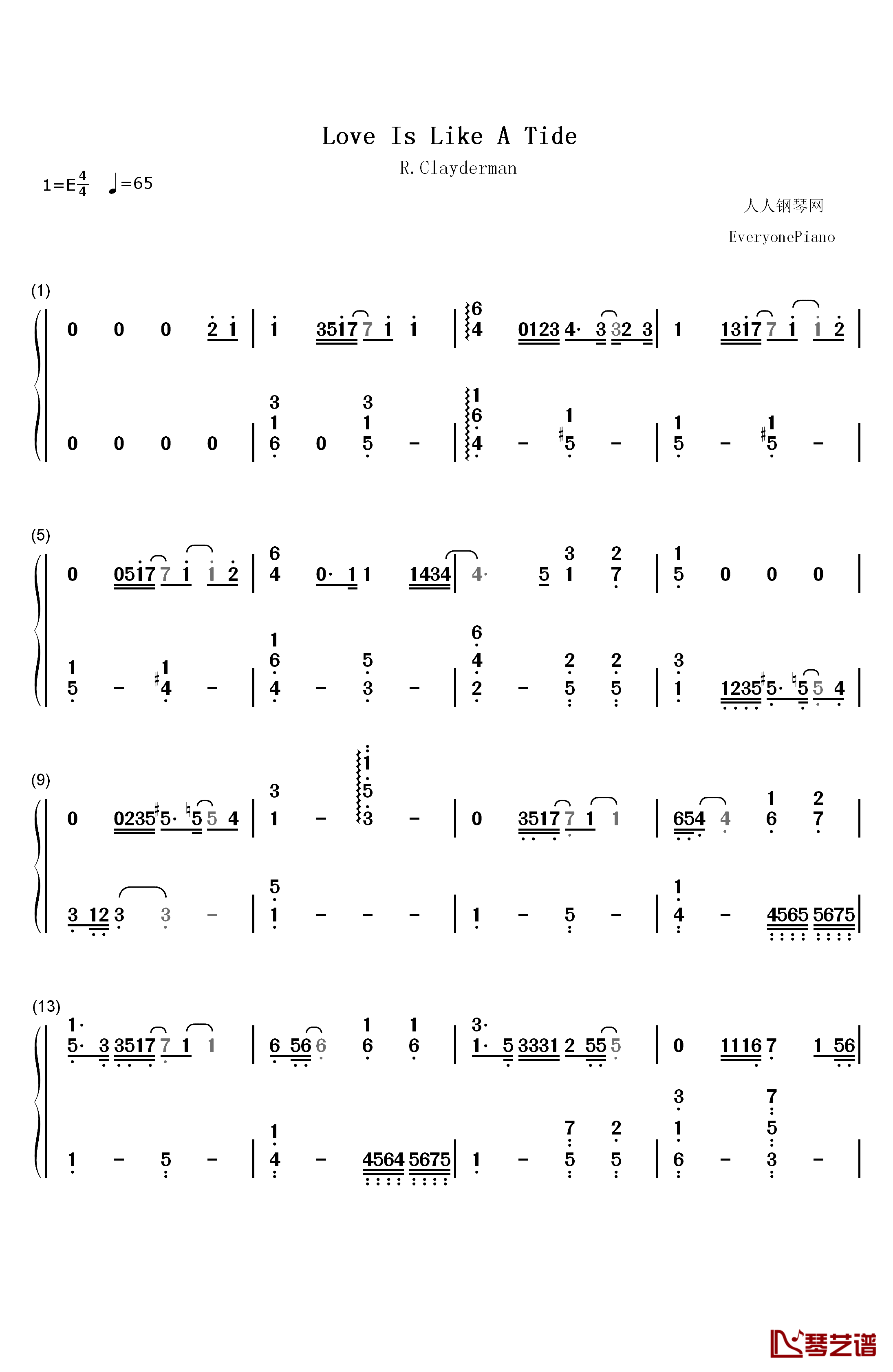 Love Is Like A Tide钢琴简谱-数字双手-理查德克莱德曼1