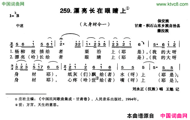 漂亮长在眼睛上简谱-刘永正演唱-甘肃民歌词曲1