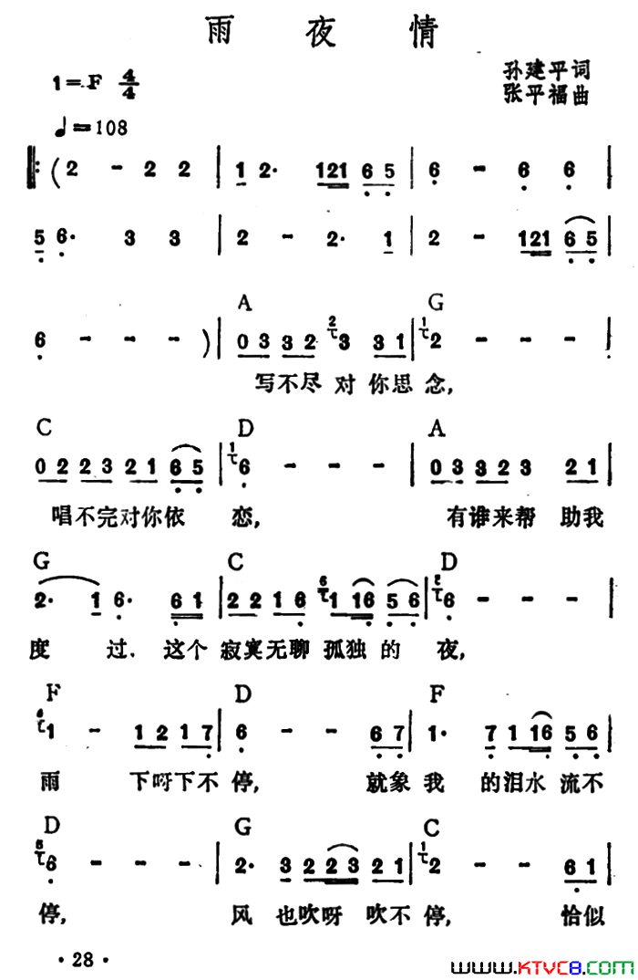 雨夜情简谱-李玲玉演唱-孙建平/张平福词曲1