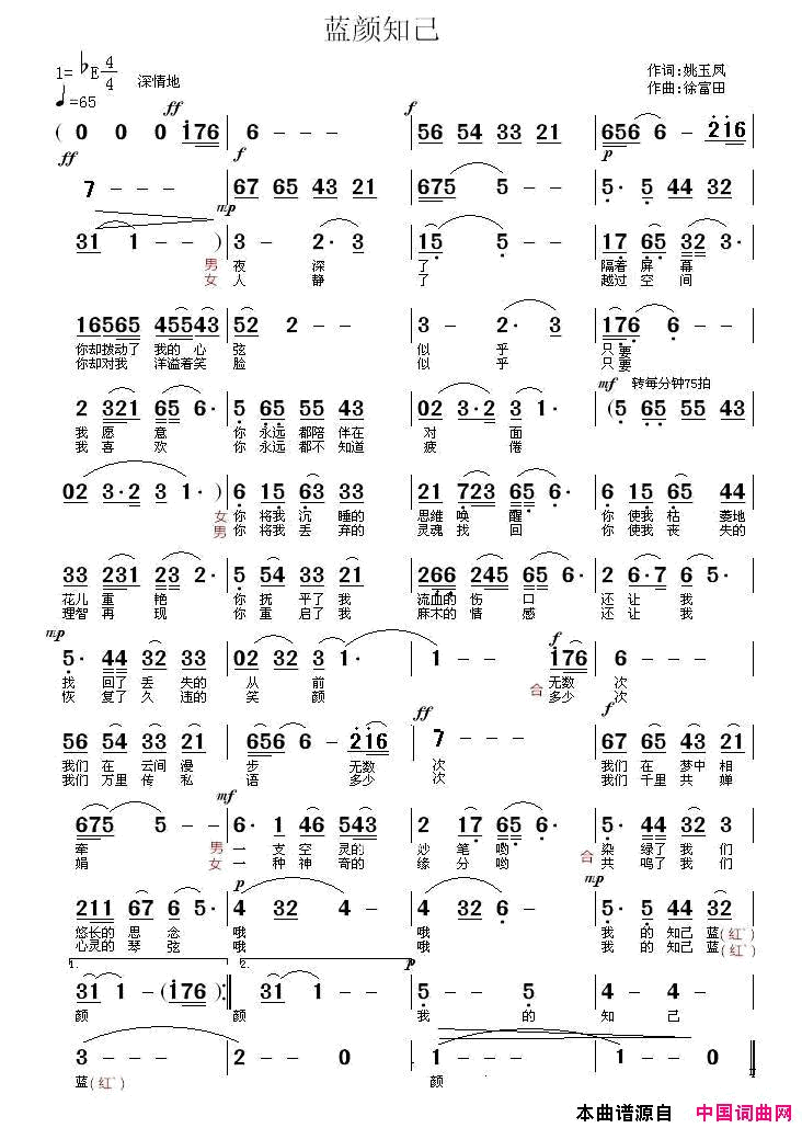 蓝颜知己简谱1