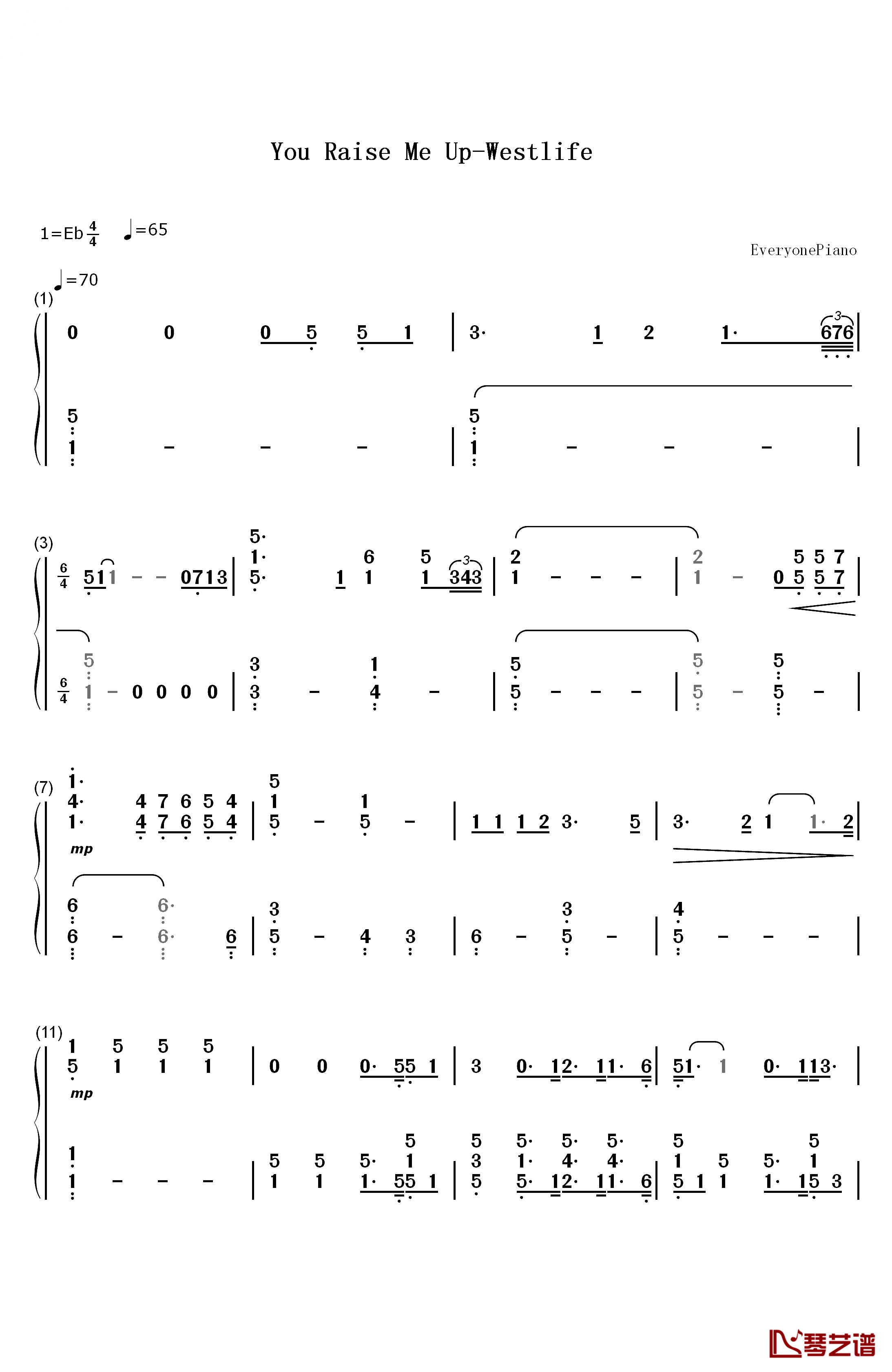 You Raise Me Up 钢琴简谱-数字双手-Westlife  西城男孩1