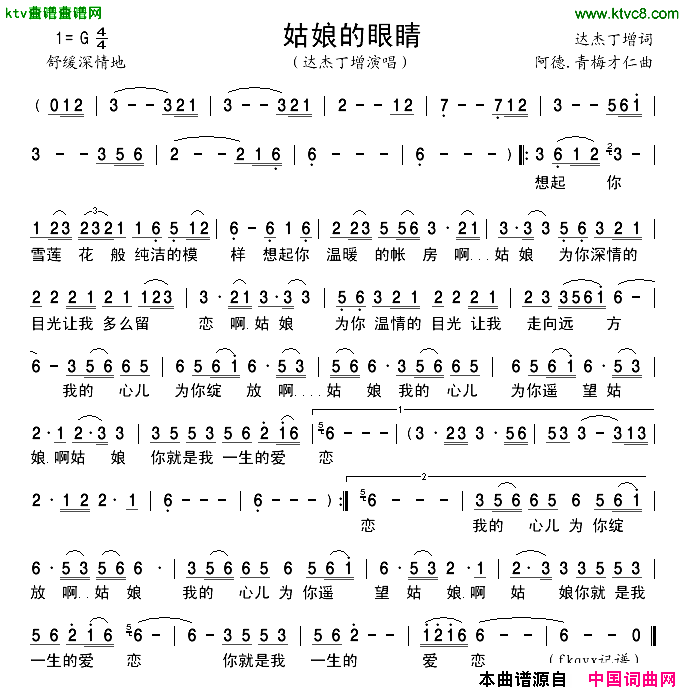 姑娘的眼睛简谱-达杰丁增演唱1
