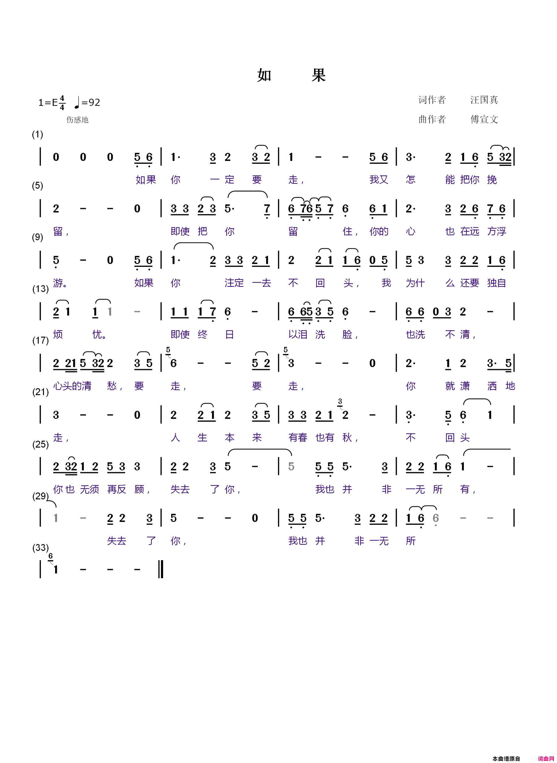 如果简谱-傅宣文演唱-汪国真/傅宣文词曲1