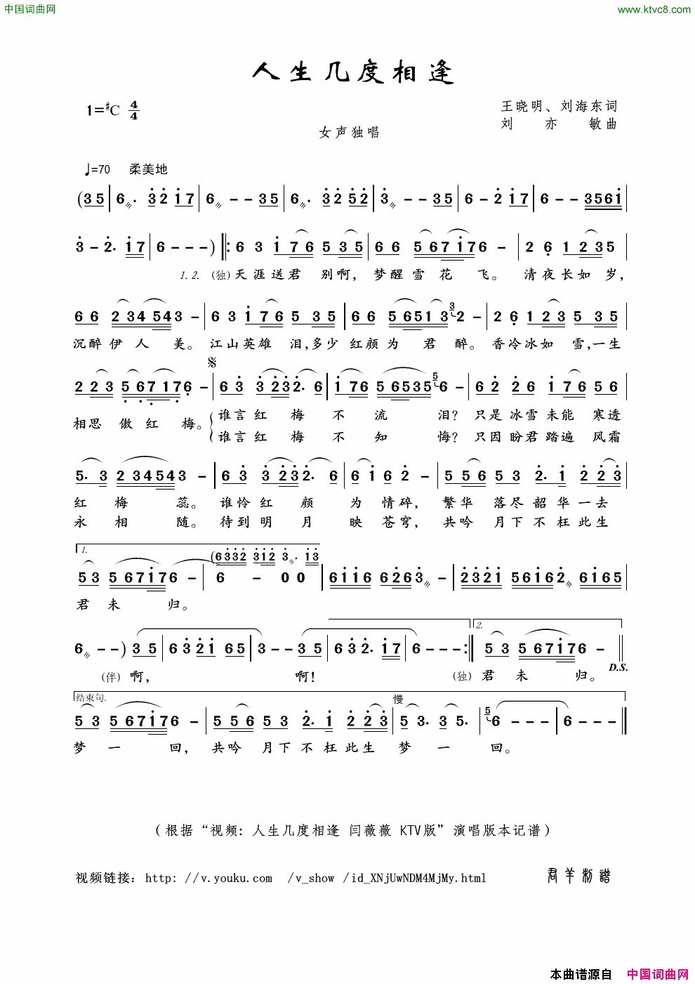 人生几度相逢王晓明、刘海东词刘亦敏曲人生几度相逢王晓明、刘海东词 刘亦敏曲简谱-闫薇薇演唱-王晓明、刘海东/刘亦敏词曲1