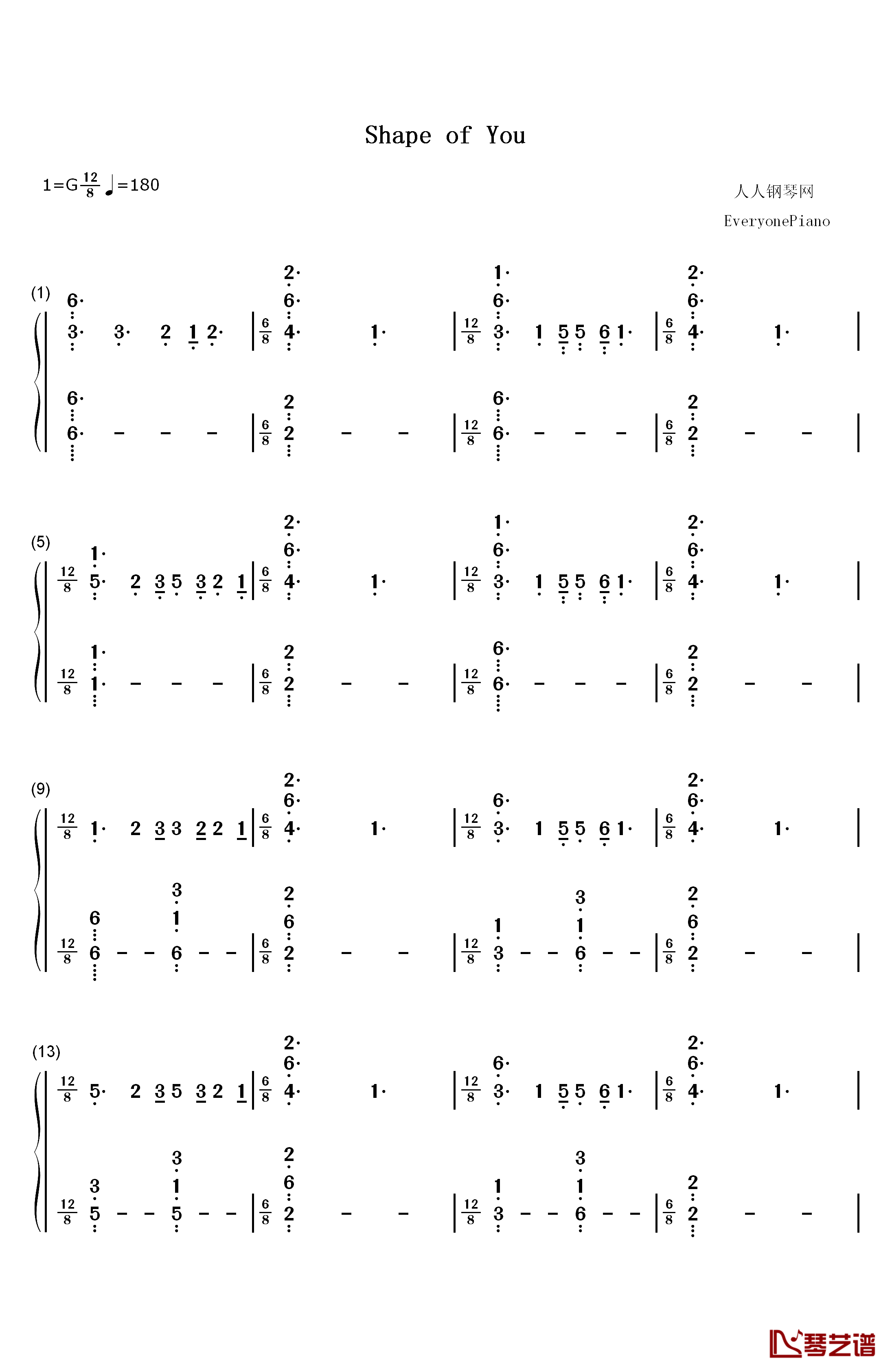 Shape of You钢琴简谱-数字双手-Ed Sheeran1