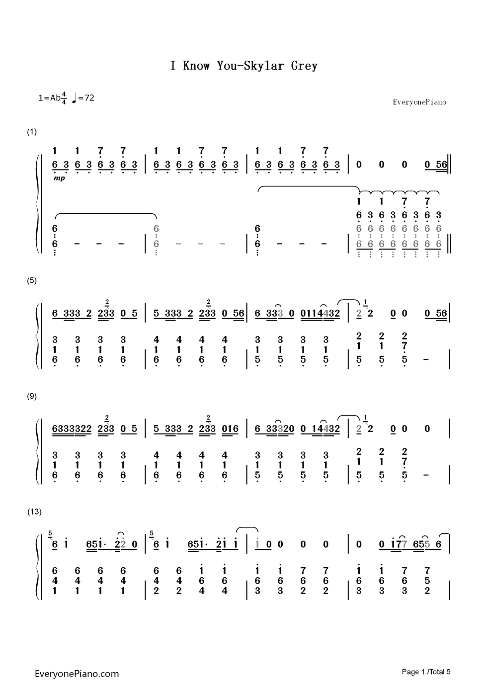I Know You钢琴简谱-数字双手-Skylar Grey1