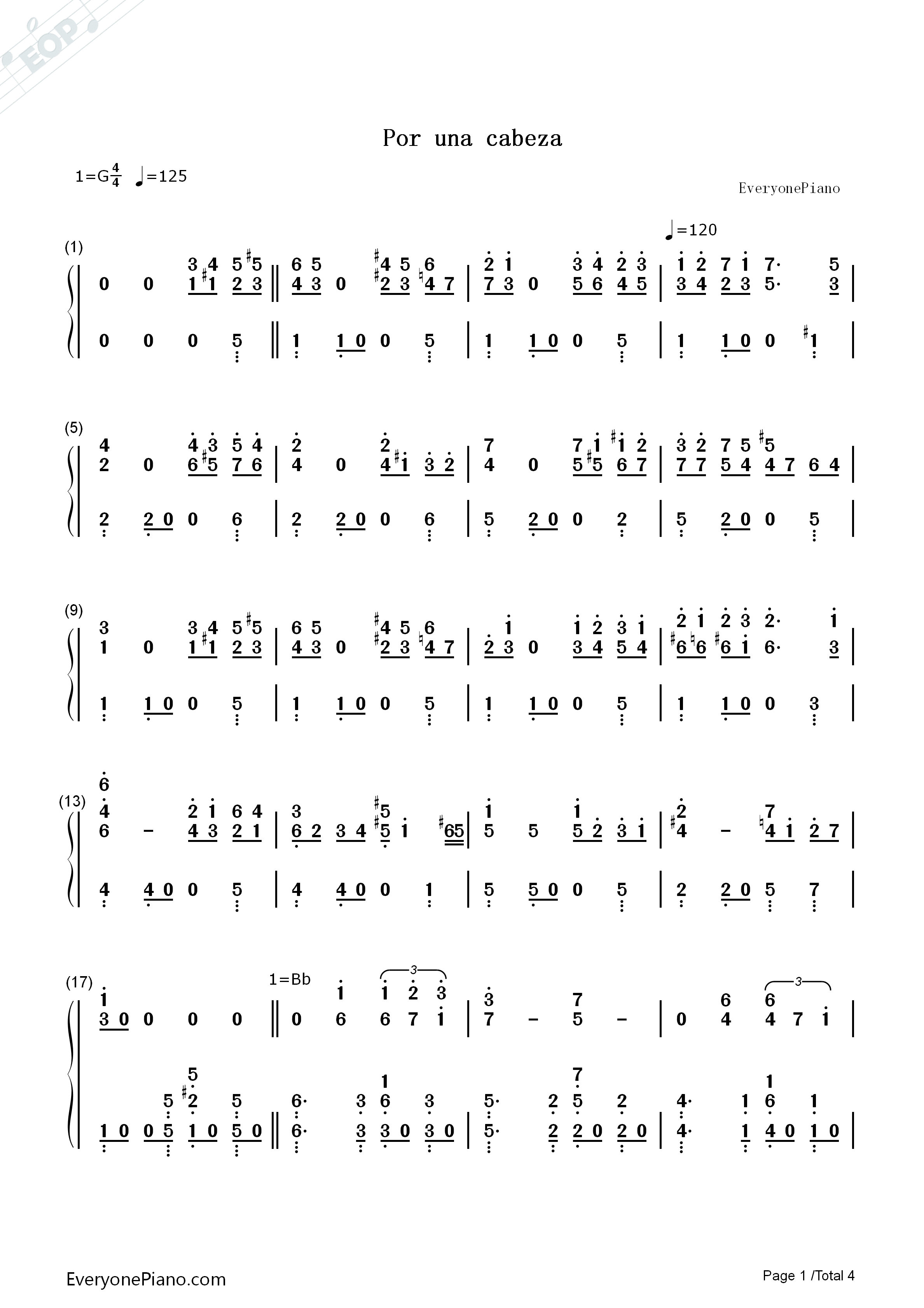 Por Una Cabeza钢琴简谱-Thomas Newman  汤玛斯 纽曼演唱1