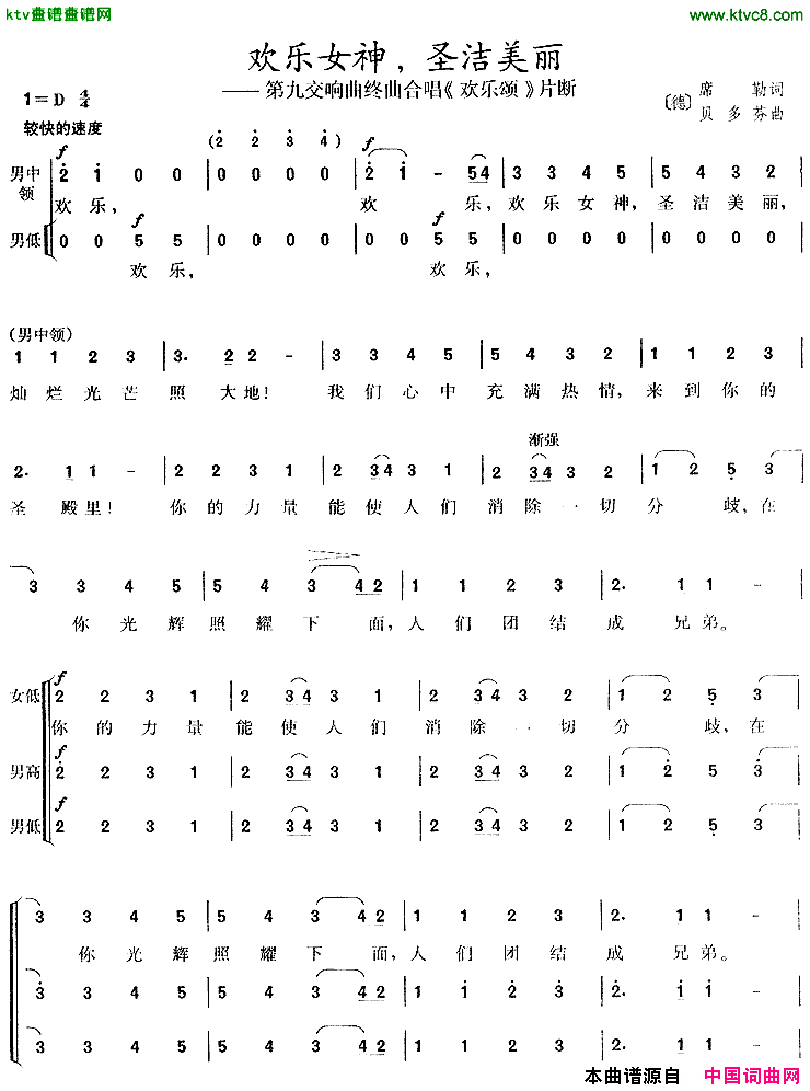 欢乐女神，圣洁美丽第九交响曲《欢乐颂》片断[德]简谱1