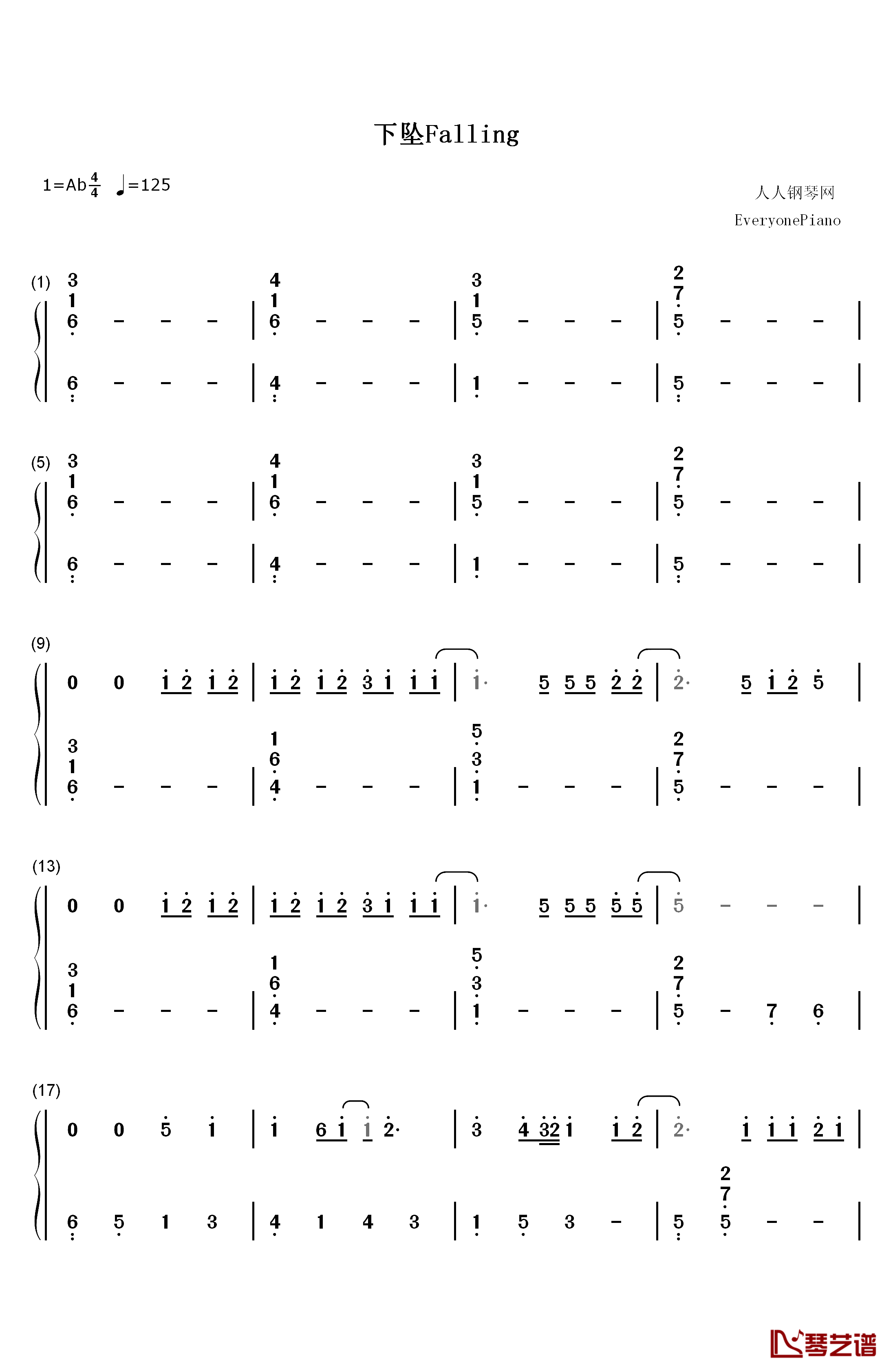 下坠Falling钢琴简谱-数字双手-Corki1