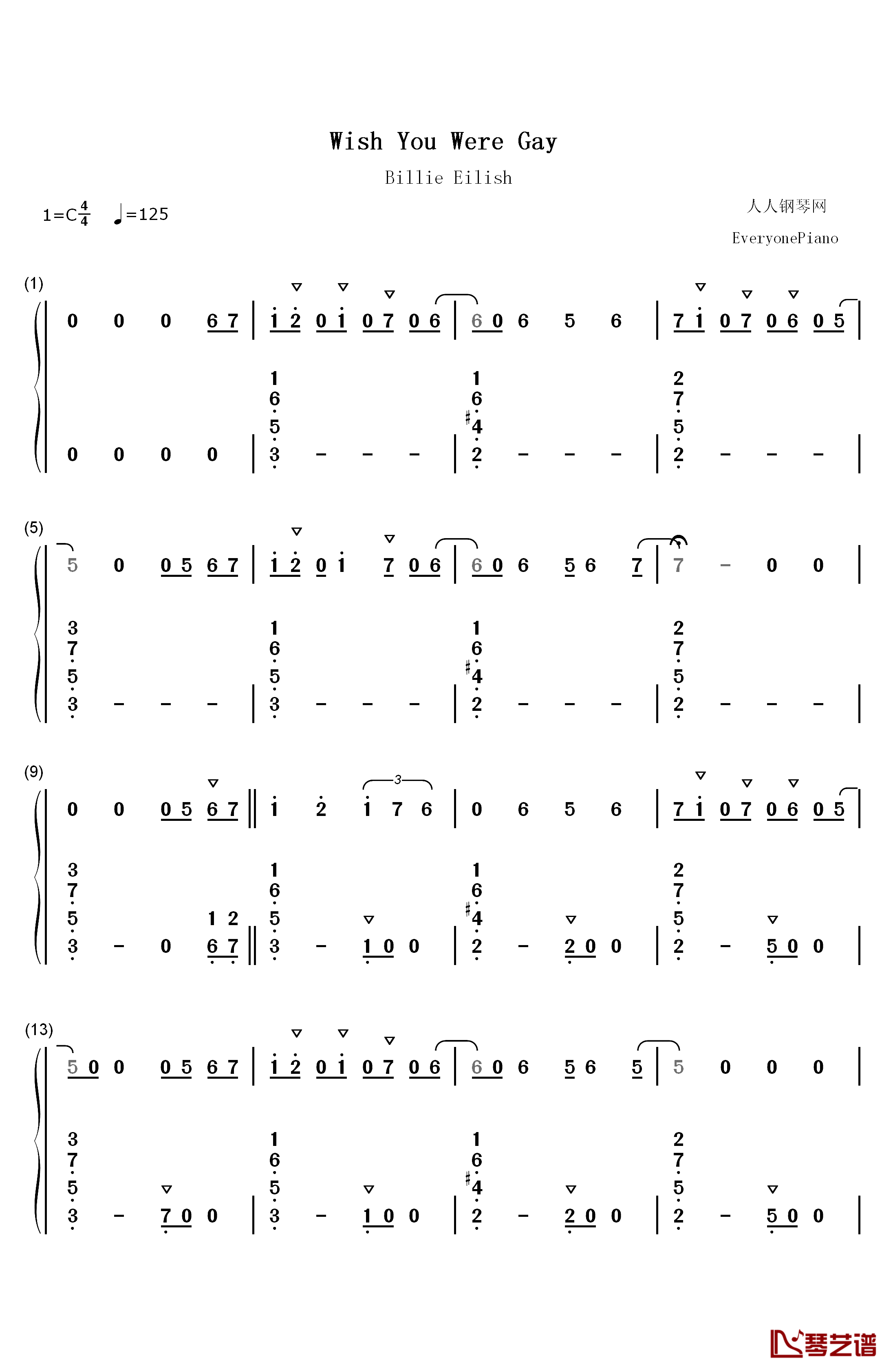 Wish You Were Gay钢琴简谱-数字双手-Billie Eilish1