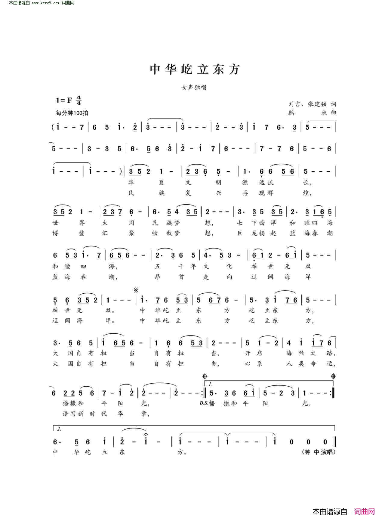 中华屹立东方简谱-钟中演唱-刘吉、张建强/鹏来词曲1