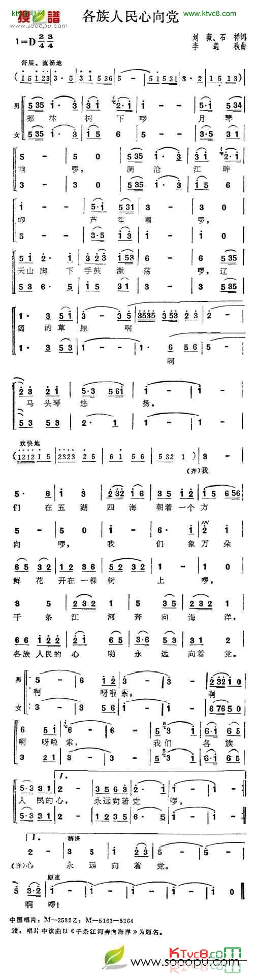 各族人民心向党简谱-张振富演唱1