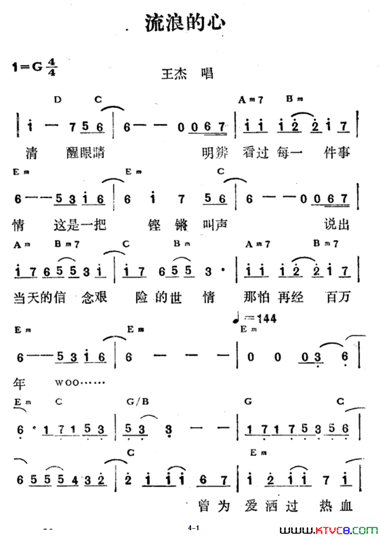 流浪的心佚名词曲、王杰演唱版简谱-王杰演唱1