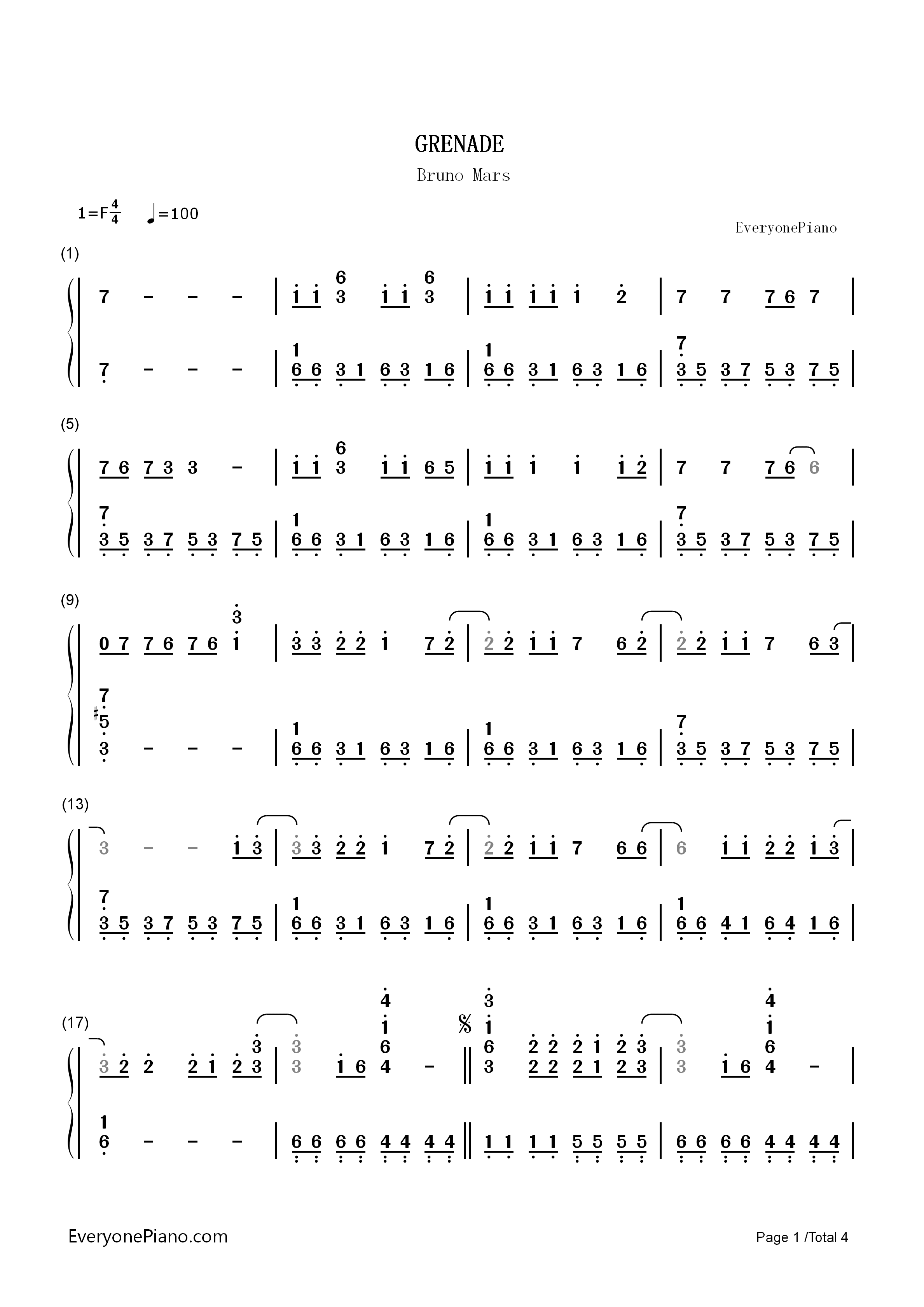 Grenade 钢琴简谱-Bruno Mars演唱1