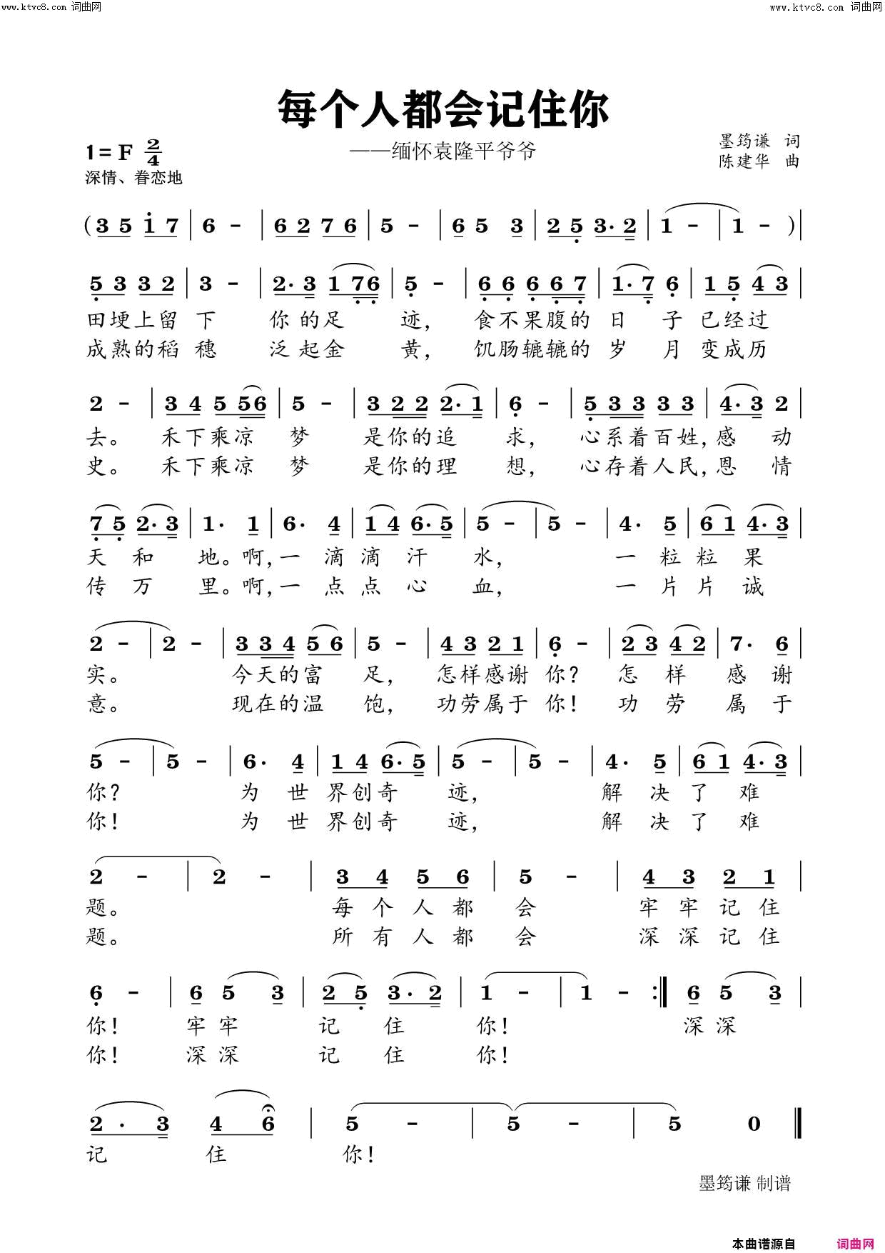 每个人都会记住你(缅怀袁隆平爷爷 陈建华版)简谱-墨筠谦曲谱1