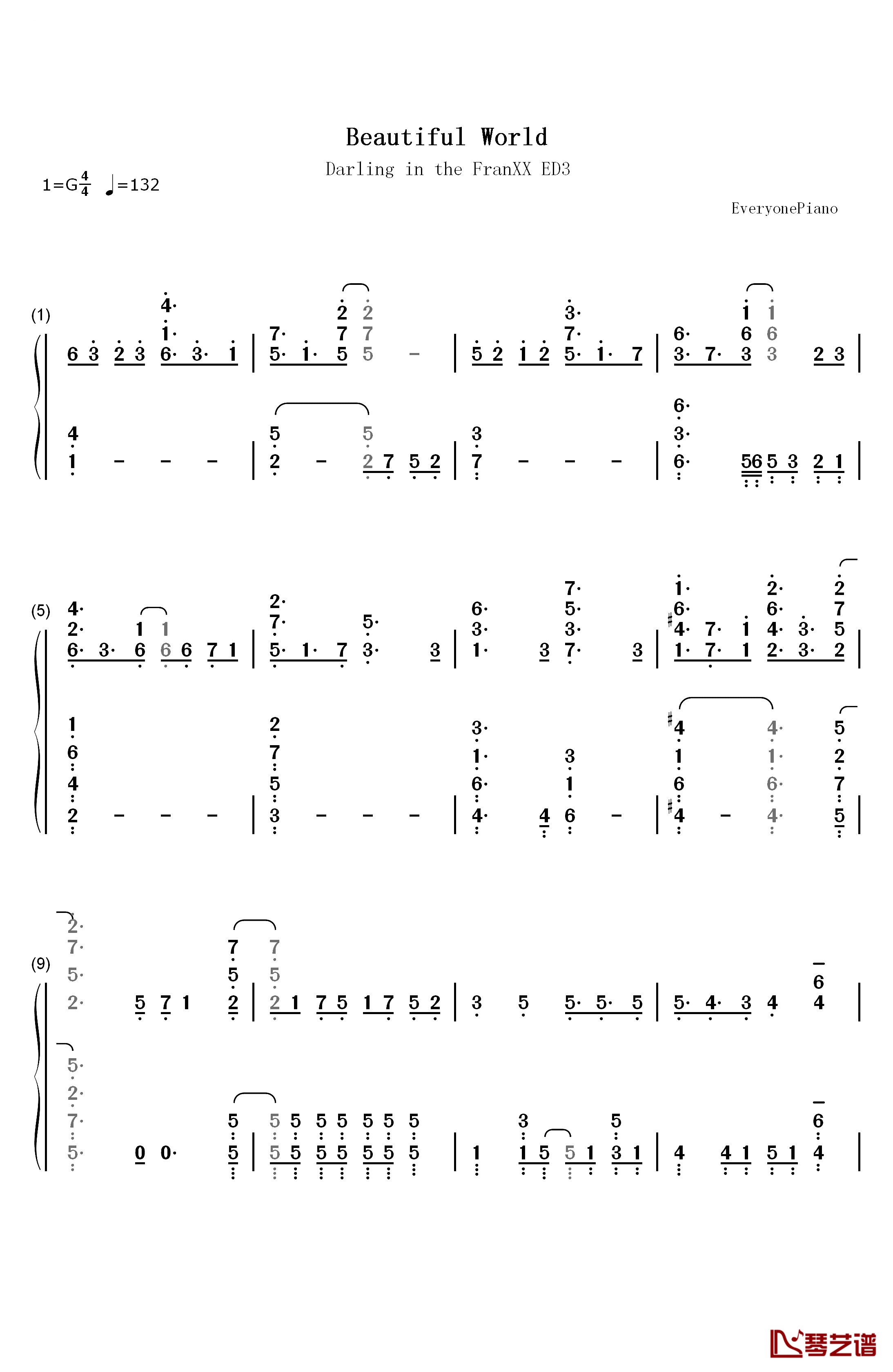 Beautiful World钢琴简谱-数字双手-XX:me1