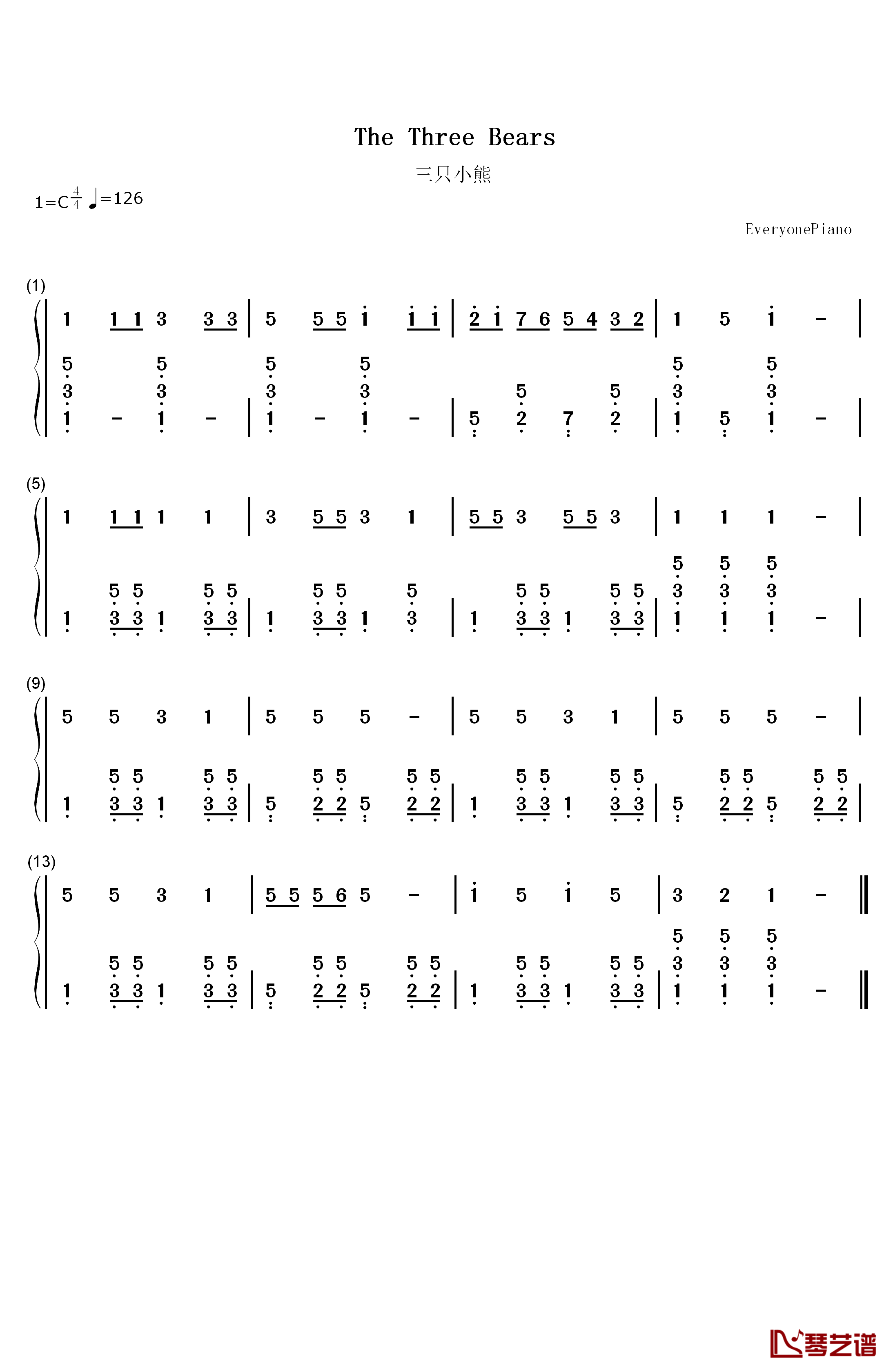 三只小熊钢琴简谱-数字双手-未知1