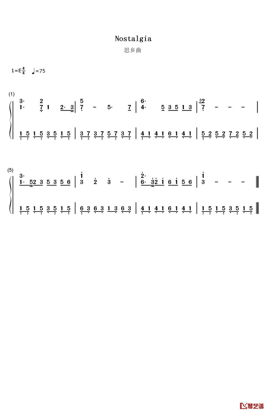 思乡曲钢琴简谱-数字双手-夏之秋1