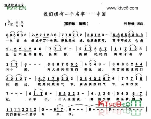 我们拥有一个名字－中国简谱-张明敏演唱1