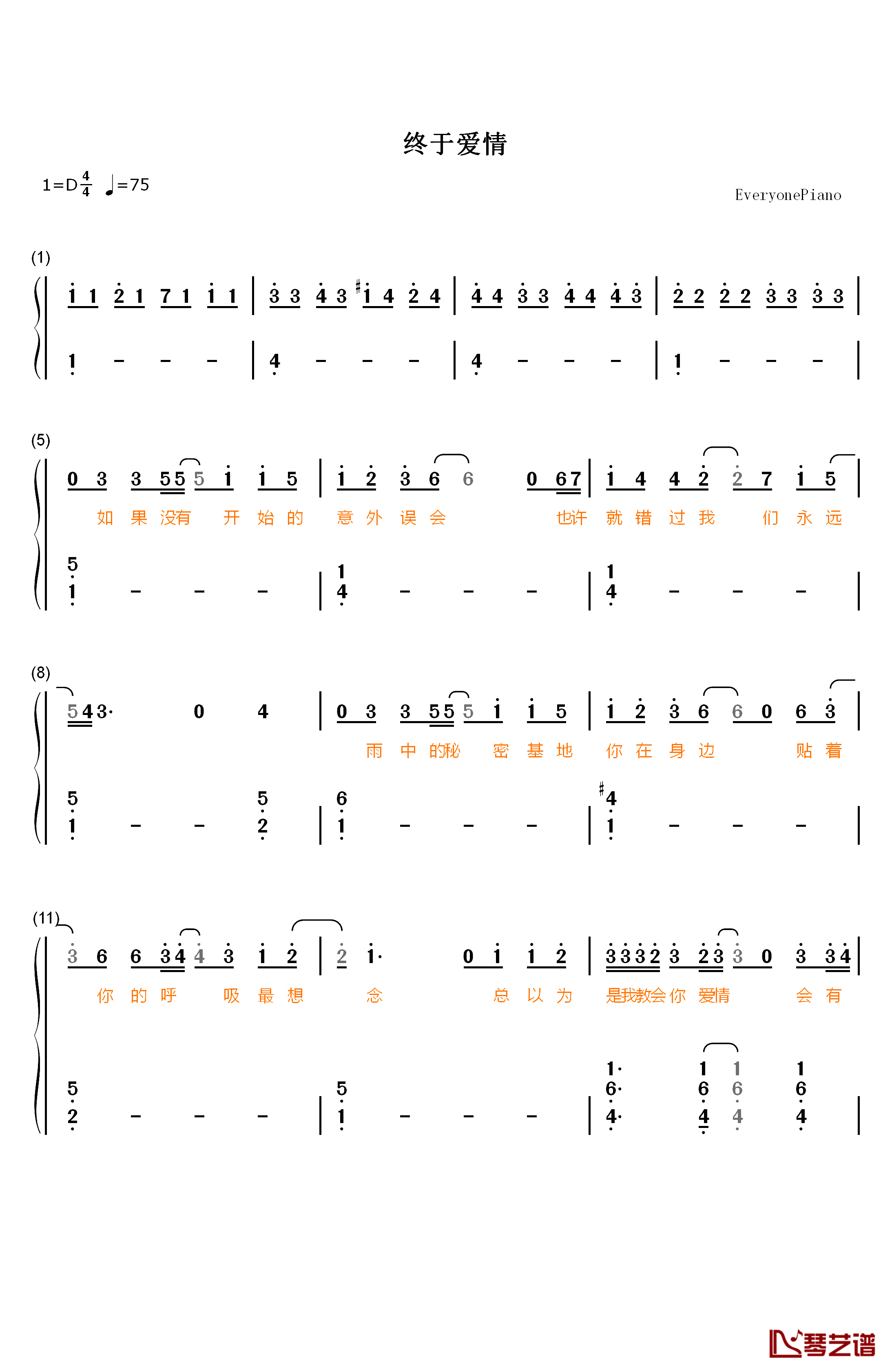 终于爱情钢琴简谱-数字双手-Ella1