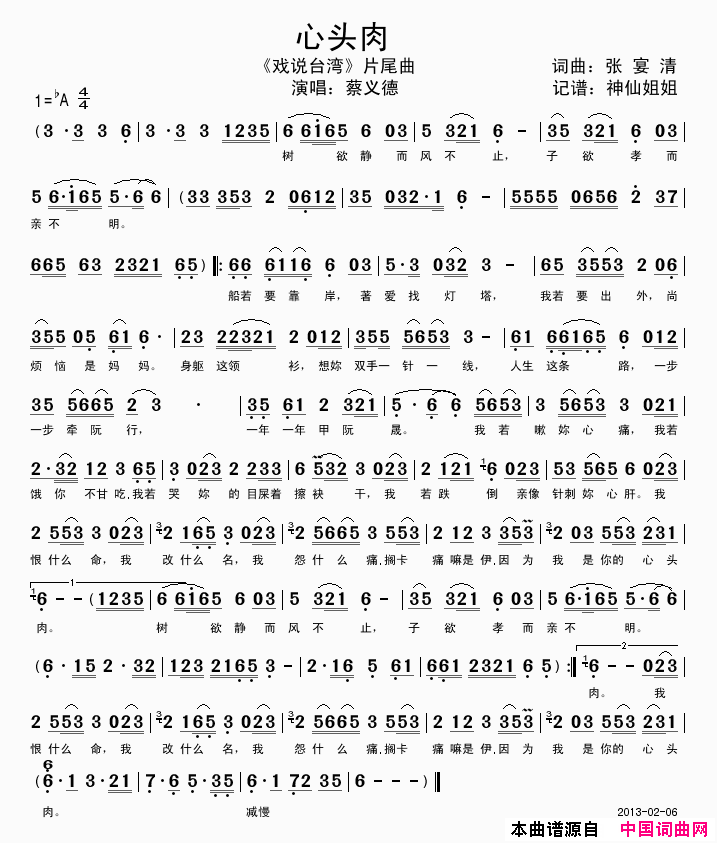 心头肉《戏说台湾》片尾曲-献给亲爱的母亲简谱-蔡义德演唱-张宴清/张宴清词曲1