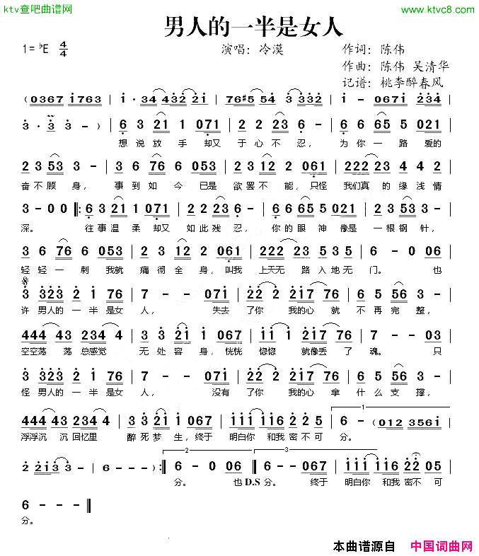 男人的一半是女人简谱-冷漠演唱-陈伟/陈伟、吴清华词曲1