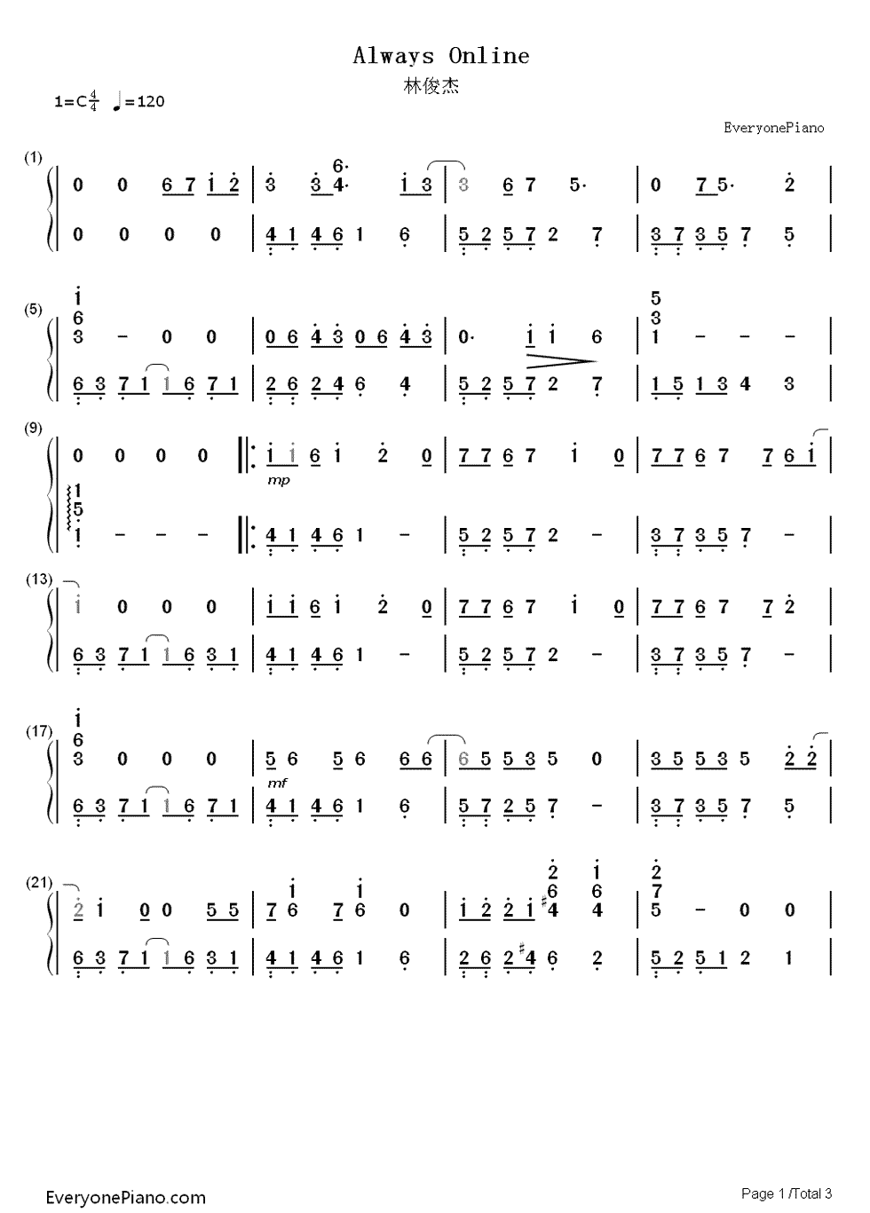 Always Online钢琴简谱-林俊杰演唱1