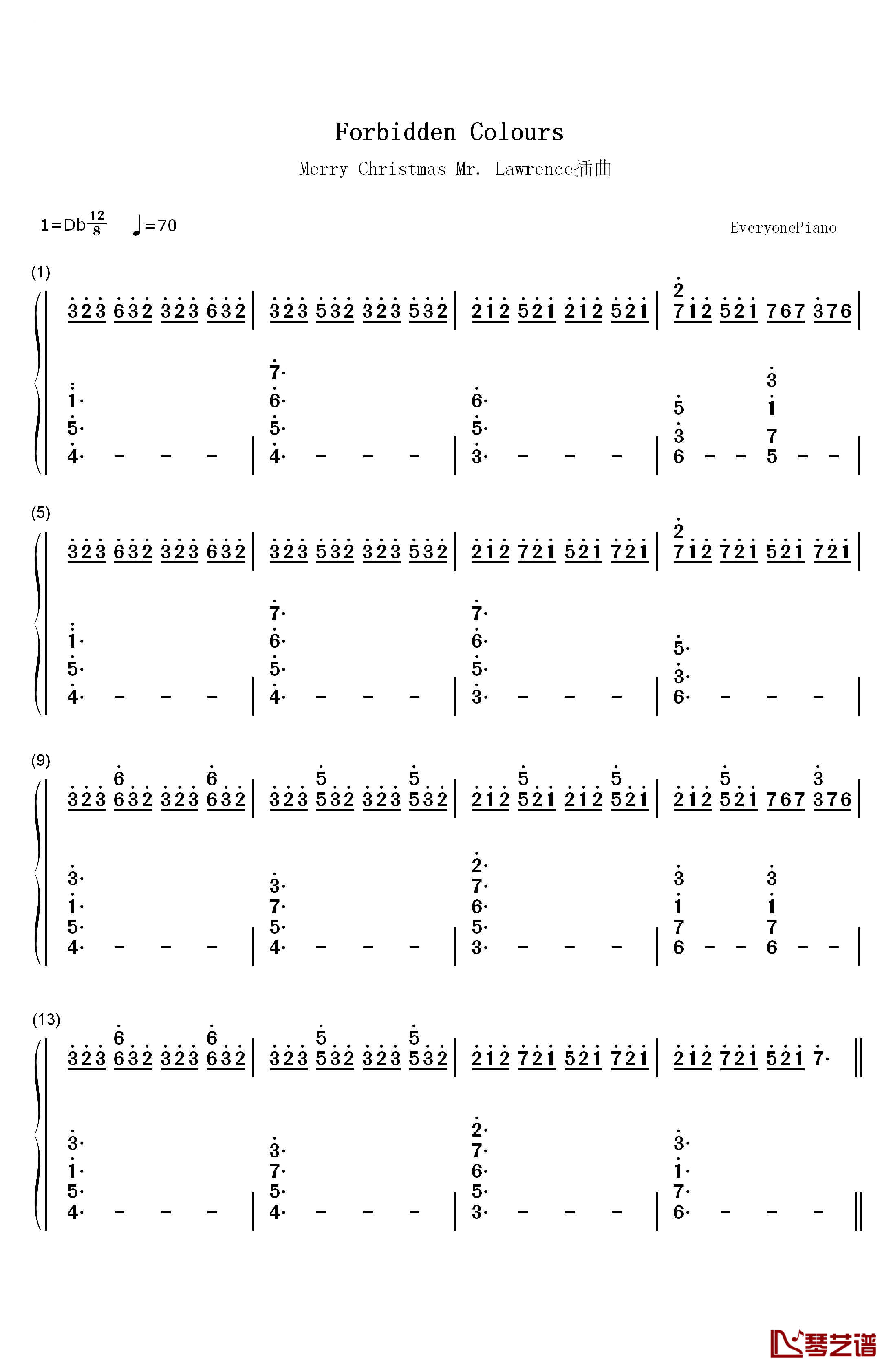 Forbidden Colours钢琴简谱-数字双手-坂本龙一1